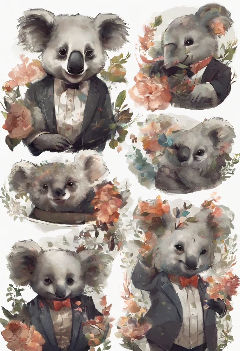 anthropomorphic koala, de cuerpo entero, vestido formalmente con un blazer, sostiene una bandeja, pegatina de panda, sticker de panda.