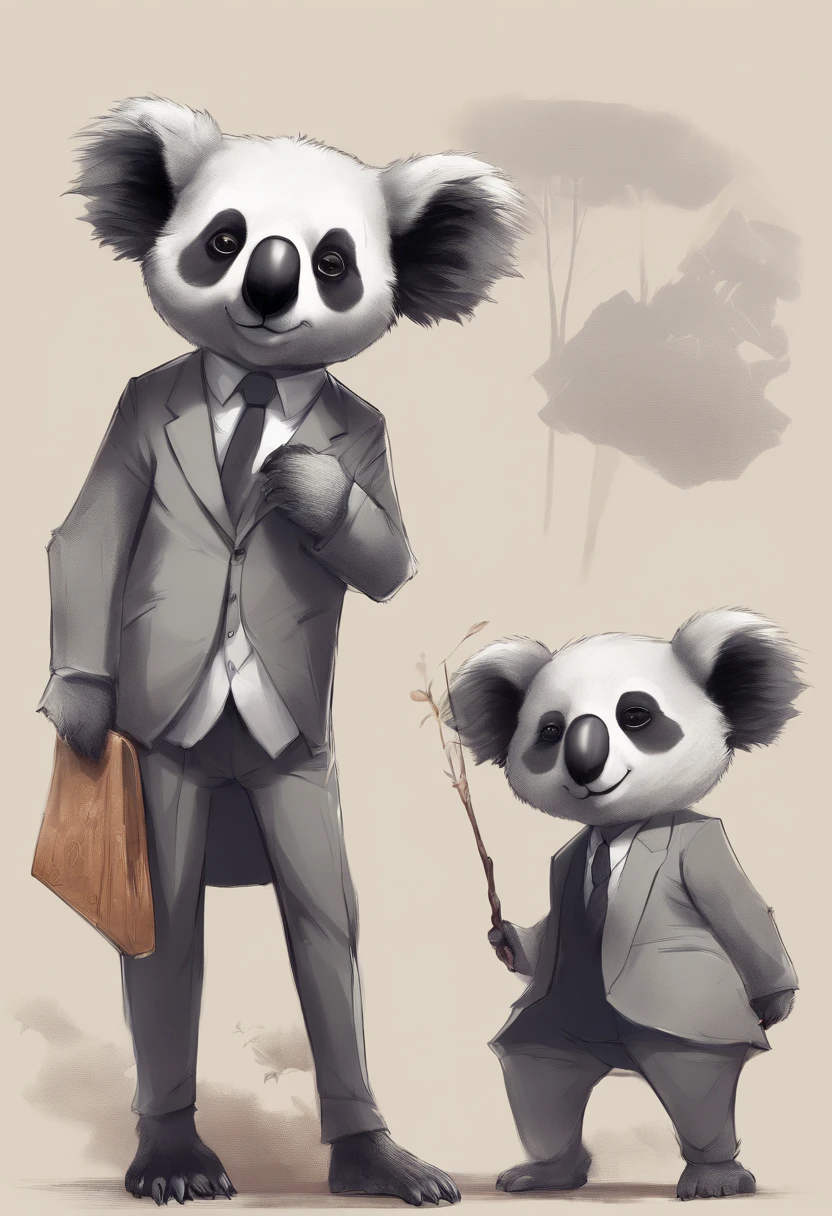 anthropomorphic koala, de cuerpo entero, vestido formalmente con un blazer, sostiene una bandeja, pegatina de panda, sticker de panda.