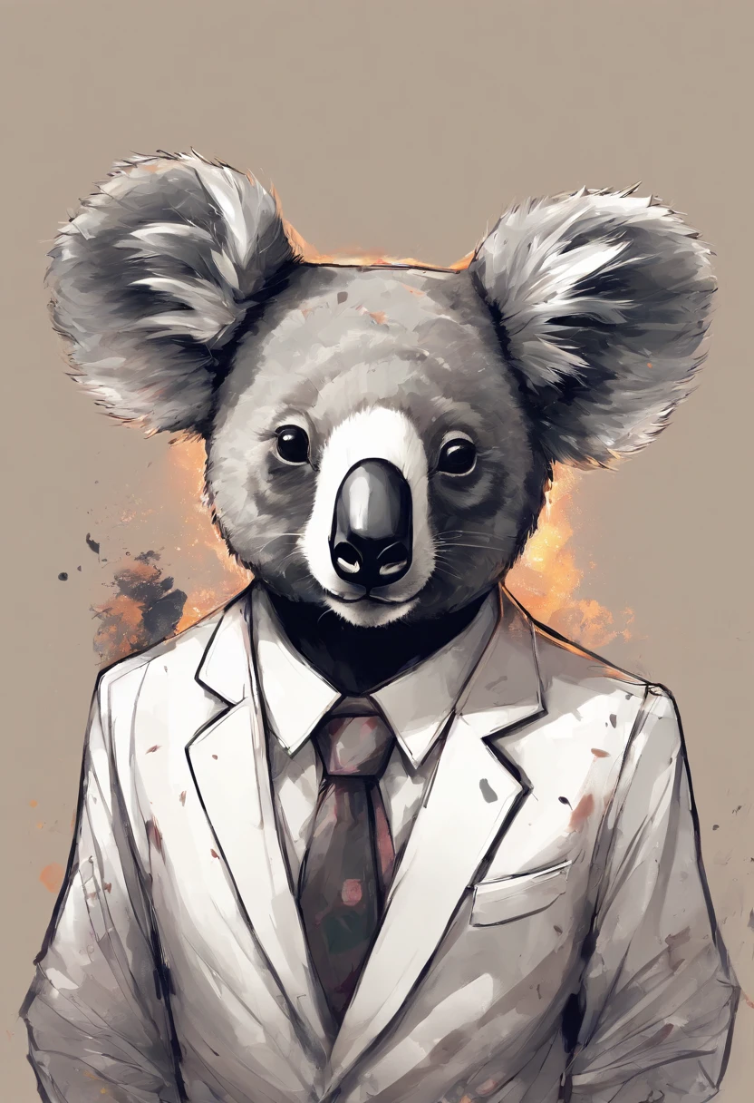 anthropomorphic koala, de cuerpo entero, vestido formalmente con un blazer, sostiene una bandeja, pegatina de panda, sticker de panda.