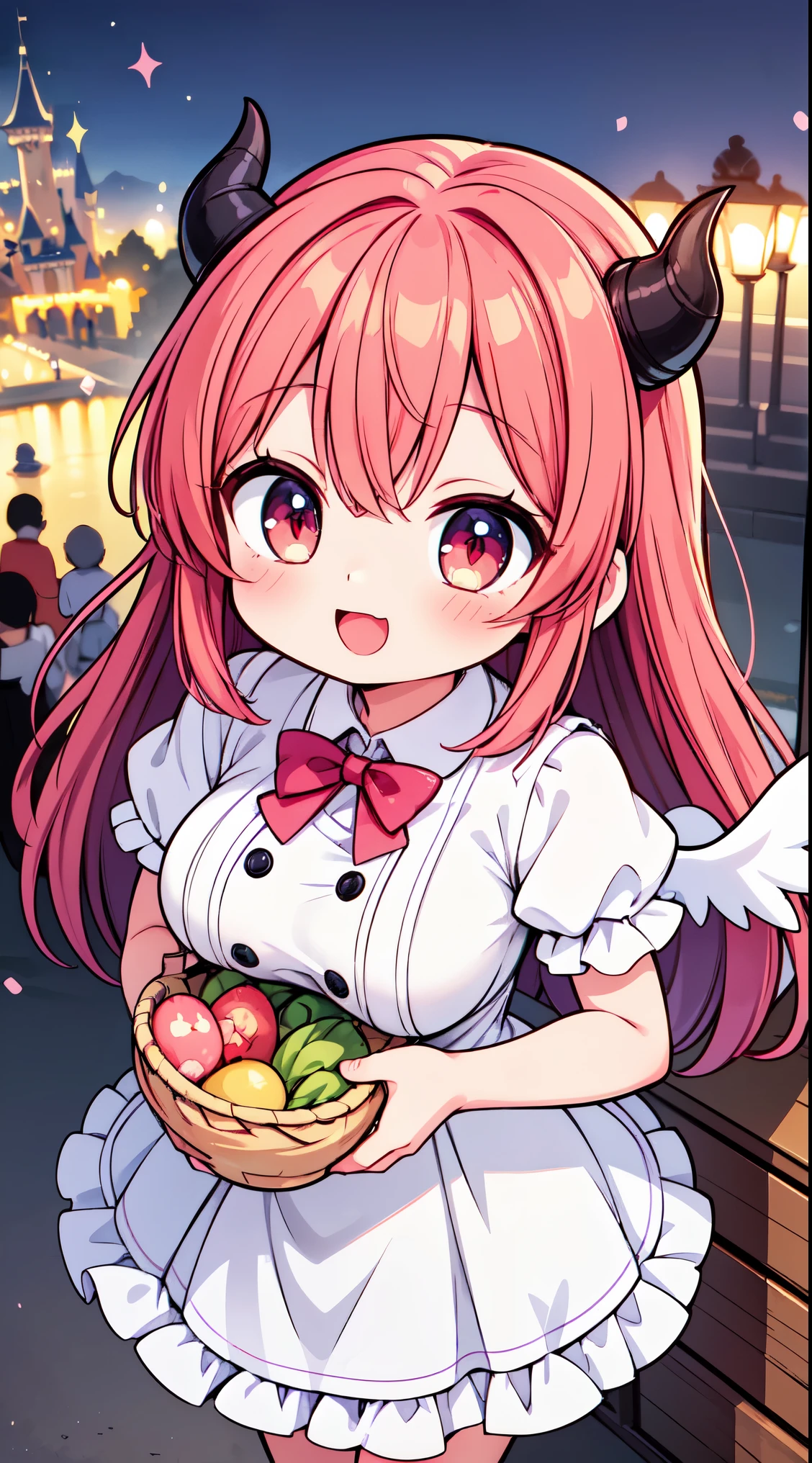 (super fine illustration:1.2),(masterpiece, 8k), (best quality, high quality:1.4), perfect anatomy, hyper detailed, ultra detailed,masterpiece background,beautiful detailed background, v8k wallpaper,perfect design,award-winning art,atmospheric, 


BREAK, 1 beautiful girl, (Beauty:1.5),(Chibi:0.5),(kawaii:2.0),(Cool:2.0),(17 year old girl),(Solo:1.65),BREAK, (huge-breasted:1.35), Clear skin, Beautiful skin, Shy, 1 beautiful woman,Demons,Colossal tits(Hair Bow, Red hair, Long hair, flipped hair, hair messy,Wings of an angel on the back, Demon King's horn on the head:1.2), (Red Eyes, long eyelashes, Double eyelids: 1.2), Shiny skin,de pele branca,dial,(best quality face),(Top quality glowing eyes),(Doya face,brave face:1.45),(The best smile,:D:1.45), BREAK, 

wearing wearing a pink and white lace dress and holding a basket of flowers, 
BREAK  (Disneyland white Cinderella castle behind:1.3),(town street:1.3),(stall, cart:1.25), (Disneyland Parade background:1.3),detailed confetti in the air,festival,(glitter:1.2), (light sparkles:1.2),night scene, (night sky:1.1),fine weather,(Crowded, bustling with people in the distance :1.15),fireworks,


BREAK,wakame,wakame,wakame,(from above,cowboy shot:1.5) , nose blush, heavy breathing, steam, ((:o):1.2),walking,

BREAK, ,(Blurry background:1.3),(absurderes, hight resolution, Super Detail Art),cel shading,Clear Color, Lonely optical effect, Beautiful pictures, Bright glow, mystic atmosphere,(Close-up of girl:0.8), Mystical light particle effect,manga influence, clean line drawings,