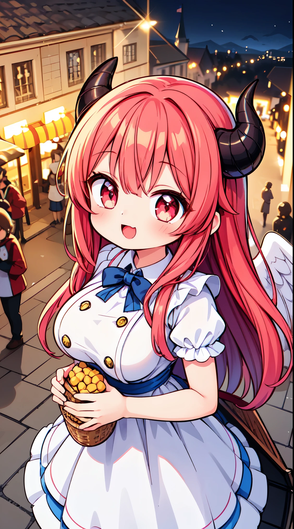 (super fine illustration:1.2),(masterpiece, 8k), (best quality, high quality:1.4), perfect anatomy, hyper detailed, ultra detailed,masterpiece background,beautiful detailed background, v8k wallpaper,perfect design,award-winning art,atmospheric,
BREAK, 1 beautiful girl, (Beauty:1.5),(Chibi:0.5),(kawaii:2.0),(Cool:2.0),(17 year old girl),(Solo:1.65),BREAK, (huge-breasted:1.35), Clear skin, Beautiful skin, Shy, 1 beautiful woman,Demons,Colossal tits(Hair Bow, Red hair, Long hair, flipped hair, hair messy,Wings of an angel on the back, Demon King's horn on the head:1.2), (Red Eyes, long eyelashes, Double eyelids: 1.2), Shiny skin,de pele branca,dial,(best quality face),(Top quality glowing eyes),(Doya face,brave face:1.45),(The best smile,:D:1.45), BREAK, BREAK,
wearing wearing a pink and white lace dress and holding a basket of flowers,
BREAK (Disneyland white Cinderella castle behind:1.3),(town street:1.3),(stall, cart:1.25), (Disneyland Parade background:1.3),detailed confetti in the air,festival,(glitter:1.2), (light sparkles:1.2),night scene, (night sky:1.1),fine weather,(Crowded, bustling with people in the distance :1.15),fireworks,
BREAK,wakame,wakame,wakame,(from above,cowboy shot:1.5) , nose blush, heavy breathing, steam, ((:o):1.2),walking,
BREAK, ,(Blurry background:1.3),(absurderes, hight resolution, Super Detail Art),cel shading,Clear Color, Lonely optical effect, Beautiful pictures, Bright glow, mystic atmosphere,(Close-up of girl:0.8), Mystical light particle effect,manga influence, clean line drawings,