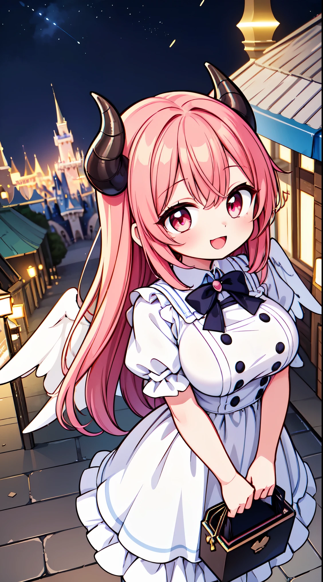 (super fine illustration:1.2),(masterpiece, 8k), (best quality, high quality:1.4), perfect anatomy, hyper detailed, ultra detailed,masterpiece background,beautiful detailed background, v8k wallpaper,perfect design,award-winning art,atmospheric, 


BREAK, 1 beautiful girl, (Beauty:1.5),(Chibi:0.5),(kawaii:2.0),(Cool:2.0),(17 year old girl),(Solo:1.65),BREAK, (huge-breasted:1.35), Clear skin, Beautiful skin, Shy, 1 beautiful woman,Demons,Colossal tits(Hair Bow, Red hair, Long hair, flipped hair, hair messy,Wings of an angel on the back, Demon King's horn on the head:1.2), (Red Eyes, long eyelashes, Double eyelids: 1.2), Shiny skin,de pele branca,dial,(best quality face),(Top quality glowing eyes),(Doya face,brave face:1.45),(The best smile,:D:1.45), BREAK, BREAK, 

wearing wearing a pink and white lace dress and holding a basket of flowers, 
BREAK  (Disneyland white Cinderella castle behind:1.3),(town street:1.3),(stall, cart:1.25), (Disneyland Parade background:1.3),detailed confetti in the air,festival,(glitter:1.2), (light sparkles:1.2),night scene, (night sky:1.1),fine weather,(Crowded, bustling with people in the distance :1.15),fireworks,


BREAK,wakame,wakame,wakame,(from above,cowboy shot:1.5) , nose blush, heavy breathing, steam, ((:o):1.2),walking,

BREAK, ,(Blurry background:1.3),(absurderes, hight resolution, Super Detail Art),cel shading,Clear Color, Lonely optical effect, Beautiful pictures, Bright glow, mystic atmosphere,(Close-up of girl:0.8), Mystical light particle effect,manga influence, clean line drawings,
