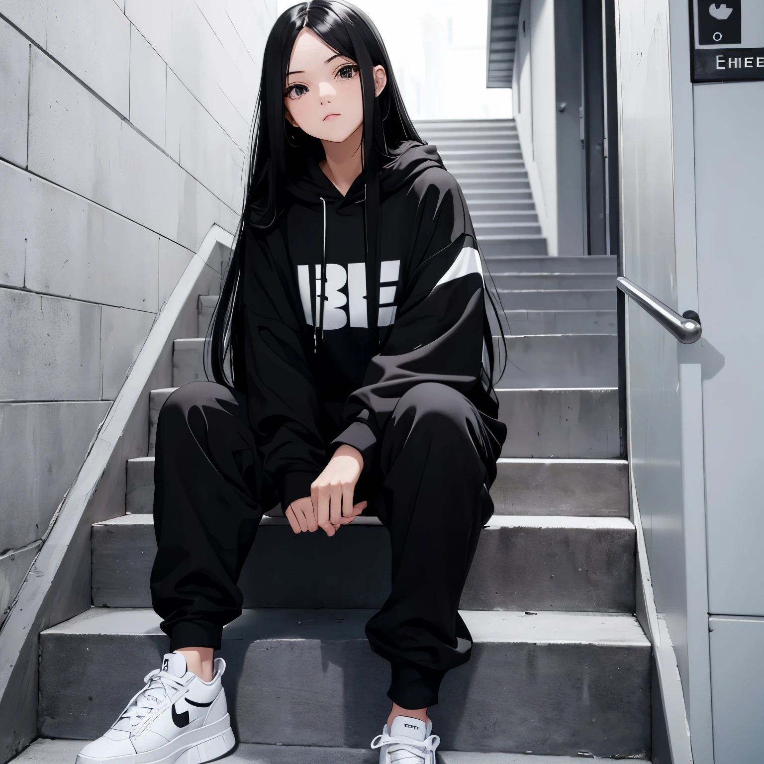 A beautiful and cute girl, Long black hair, black and white hoodie, trousers, sneakers, decent, tall, attitude, sit, stairs