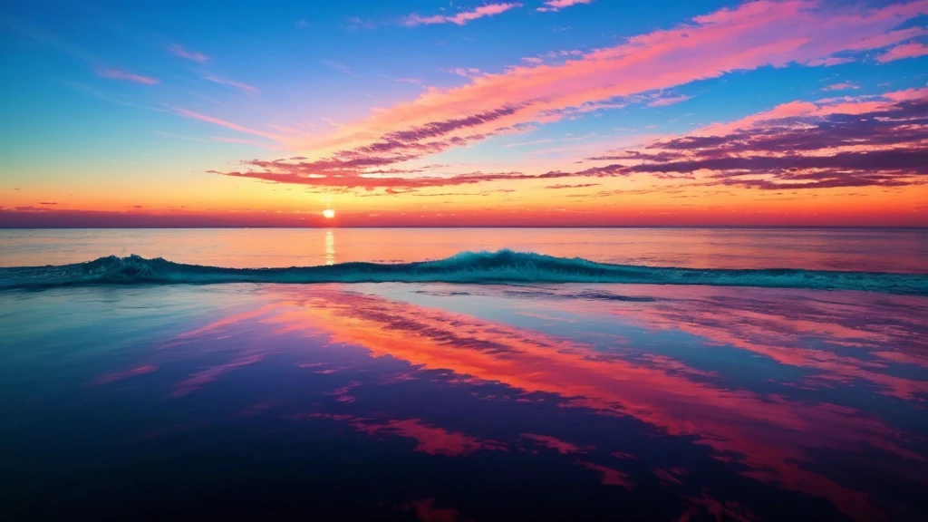 beautiful sunset,The background is the sea,Colorful sky,surreal colors,Colorful sunset,Colorful sky,Amazing skiesの反射,Amazing skies,Fantastic atmosphere 8K,Colorful flowing clouds,Colors reflected in the sea,Surreal sky,Red and blue reflections,Fire reflection,beautiful sky,beautiful and spectacular dusk,Beautiful Dreamy Landscape,Amazing skies