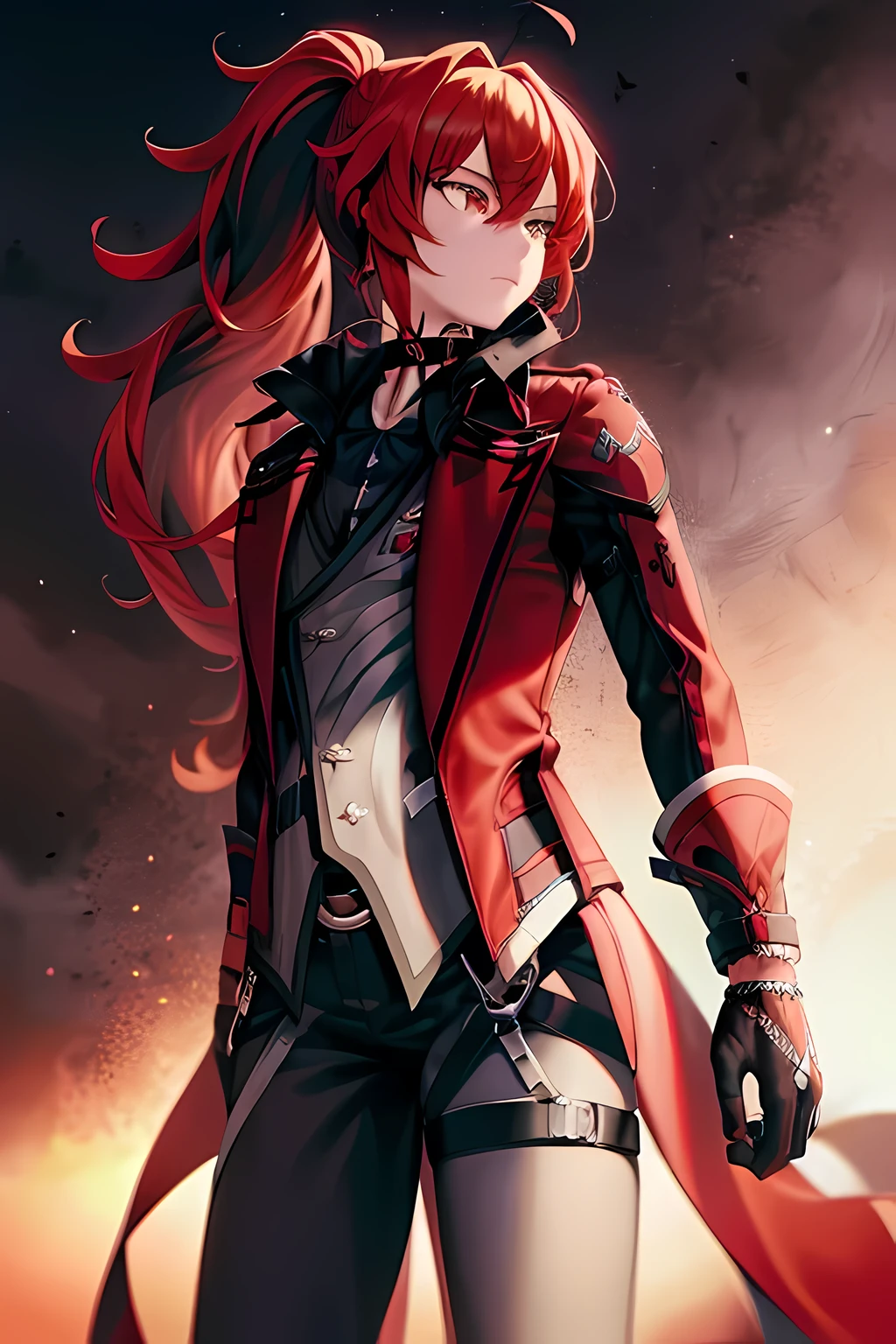 masterpiece, best quality, 1girl, long hair, ponytail ,sidelocks, red hair, red eyes, choker, jewelry, gloves, black pants, belt, long sleeves, vest, coat, shirt, grey background, cowboy shot, upper body,