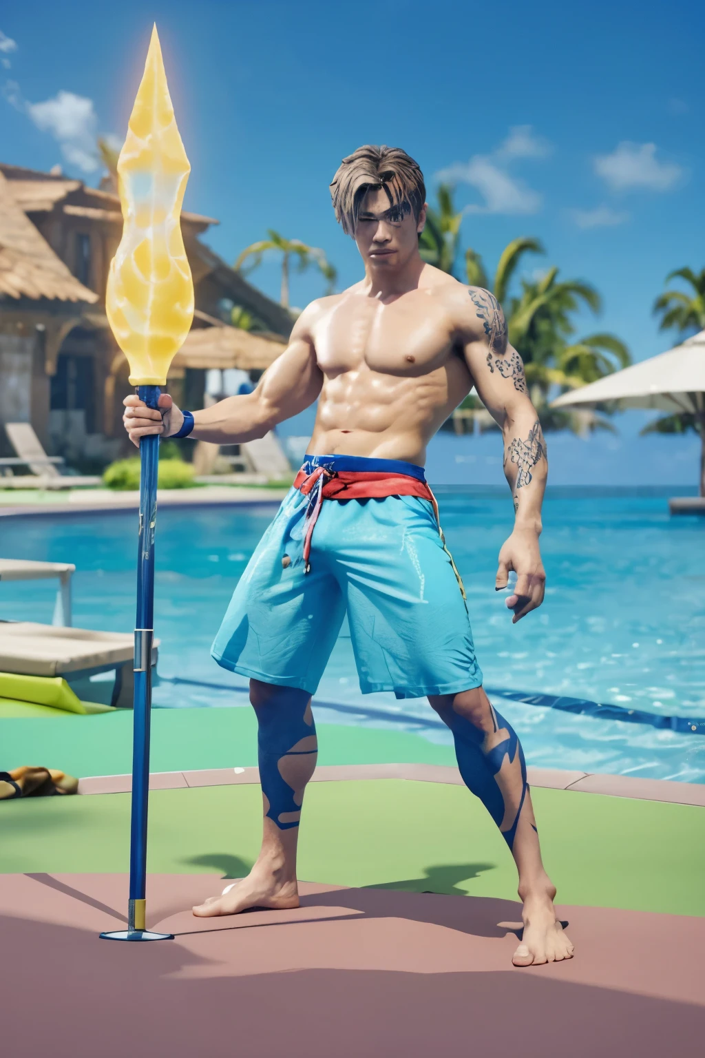 a close up of a person holding a pole with a body, tane skin, skinny male mage, from kingdom hearts, lunar themed attire, is wearing a swimsuit, with a squid tattoo on his arms, as a character in tekken, loincloth, beefcake pose, male character, highly detailed full body, full character body, character from king of fighters, ultra detail, realistic