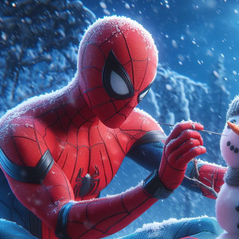 Spiderman and snowman in the snow against the background of the full moon, Trending with ArtStation 4k, Highly detailed 4K HD wallpapers, wallpaper 4k, wallpaper 4k, 8k render」, Trending with ArtStation.', hq 4k wallpaper, cinematic 4k wallpaper, cinematic 4k wallpaper, 8k 4k 4k, 8 km 4 km