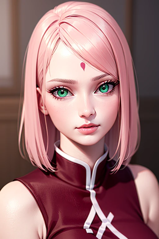 Young woman, porcelain skin, short pale pink hair, heart-shaped face, wide forehead, thin pink eyebrows, big jade green eyes, long eyelashes, buttoned nose, peach lips, red vest, Sakura Haruno, 3d, realistic, realism, high focus, details