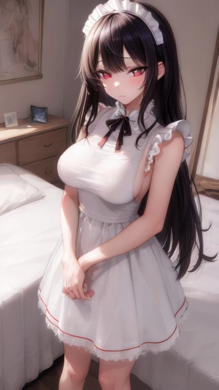 (masterpiece, highest quality), beautiful face，red eyes，red eyes，princess cut，Patsun bangs，on the bed，1 female, alone, maiddress, maid，dress，big breasts，Standing picture，whole body，long，long hair，black hair，Call