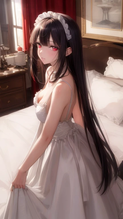 (masterpiece, highest quality), beautiful face，red eyes，red eyes，princess cut，Patsun bangs，on the bed，1 female, alone, maiddress, maid，dress，big breasts，Standing picture，whole body，long，long hair，black hair，Call