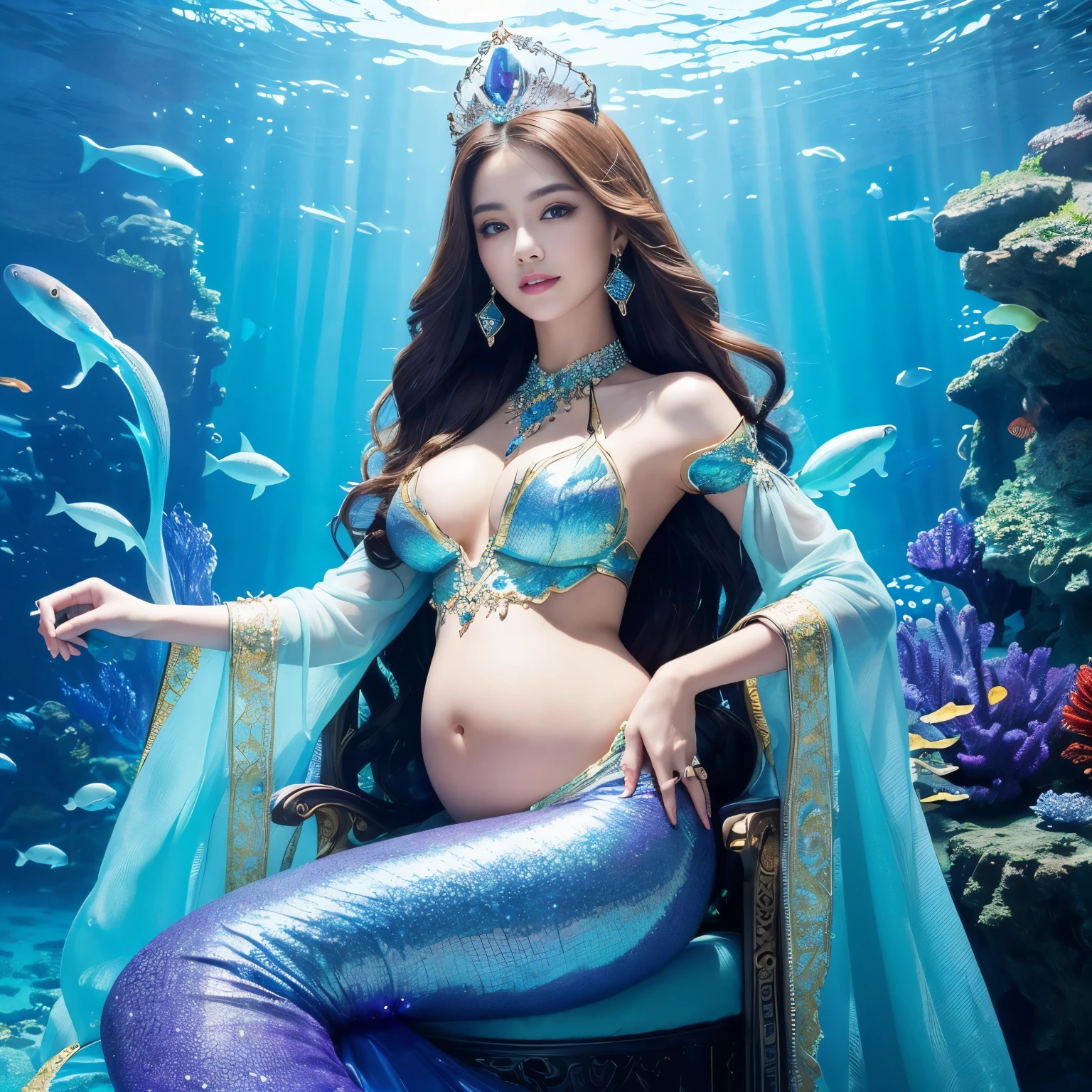 (highest quality、table top、8K、best image quality、hyper realism)、(The most extravagant and extravagant mermaid goddess:1.2)、(The most extravagant and gorgeous mermaid princess:1.1)、(The most realistic and perfect mermaid tail and scales:1.1)、(The most realistic and perfect mermaid tail:1.2)、(The most luxurious and finest transparent sleeve:1.1)、(upper body photo:1.1)、(The wall of the room is a huge high quality aquarium:1.1)、(A huge, highly detailed aquarium of the highest quality:1.3)、(Surrounded by a huge aquarium of the highest quality:1.2)、(The highest quality aquarium with the most fantastic dome-shaped ceiling:1.1)、(Sitting gracefully on the most fantastical and highest throne:1.35)、(Sit on the most fantastical and most glorious throne:1.2)、(Detailed depiction of the most beautiful gigantic aquarium that shines fantastically:1.1)、(Surrounded by the most luxurious and fantastical huge purple and blue aquarium:1.1)、(Huge aquarium with the most detailed depiction of marine life:1.1)、(Sparkling purple and blue、The most magical luxury princess room:1.1), (The most luxurious room shining in the most magical purple and blue colors:1.2)、(the best smile when you look at me:1.15)、(Wavy brown hair:1.1)、Complex, Finely shining scales、(Finest Huge Jewelry Decoration:1.1)、The most gorgeous luxury princess costume、the most luxurious decoration、全身にComplex宝石が施されている、Please describe her face in detail、Giant tiara、Clear and detailed background、(Everything is a fantastic and glittering background:1.1)、(accurate anatomy:1.1)、(The most luxurious and huge finest jewelry decoration:1.1)、(Princess room with the most fantastic and luxurious giant aquarium:1.1)、(slightly pregnant)