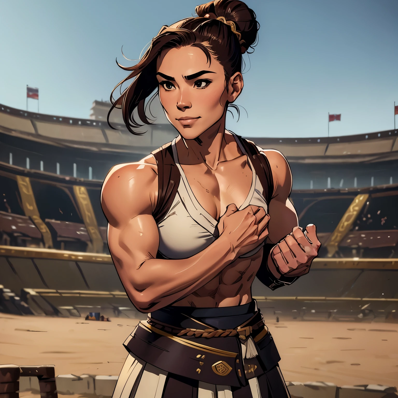 a Japanese, (((1girl solo focus))), bun hairstyle, brown hair color, masculine jaw, (Wearing Chest Sarashi:1.3), (Long Skirts:1.3), Athletic physique, 16k, extremely detailed, ultra quality face, medium shots, masterpiece, realistic, medium shots, (Gladiator Arena Background:1.3), Fighting Tournament, Smug smile, Crowded Arena