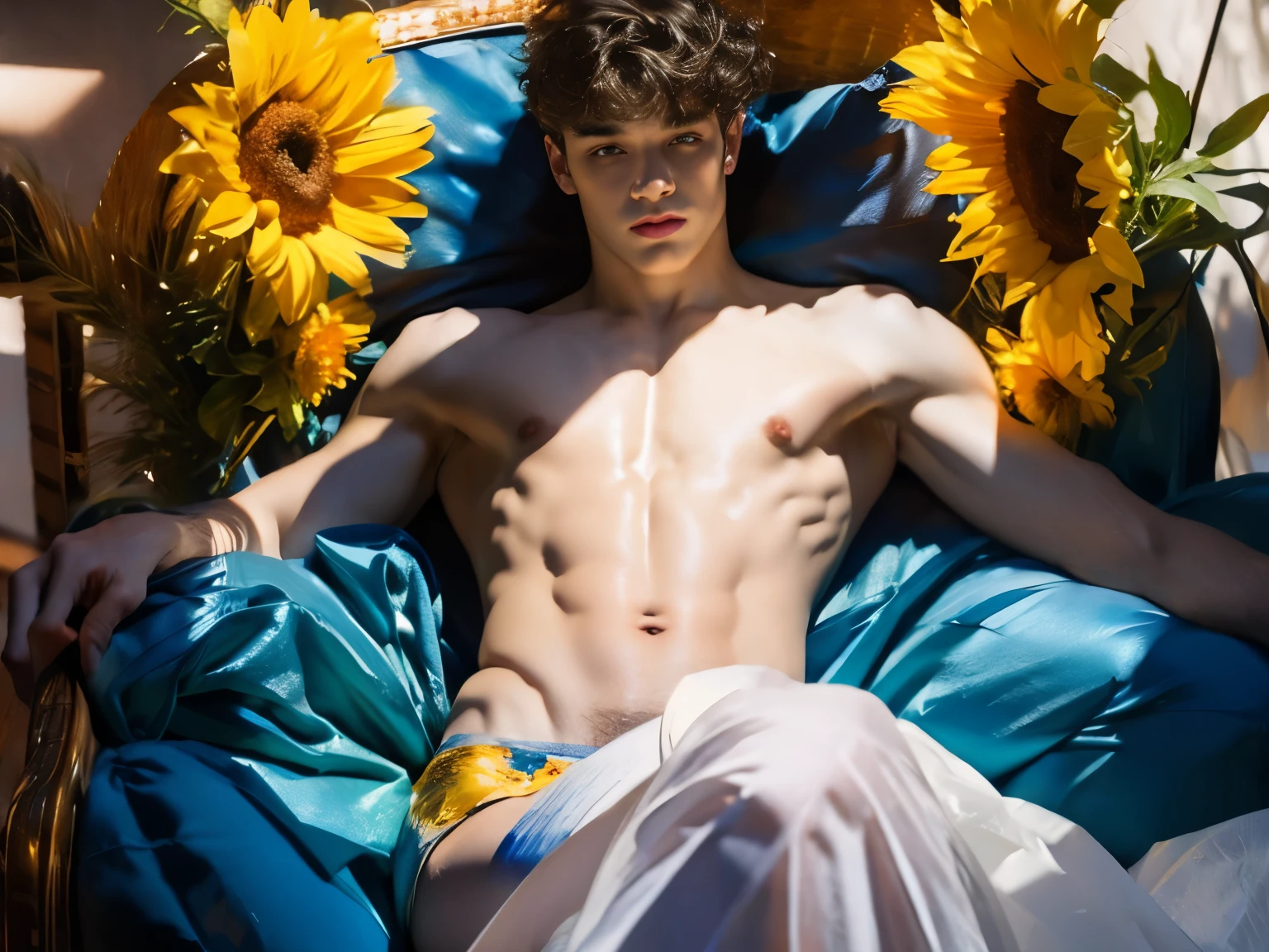 two men with no shirts standing next to each other in front of a sunflower, three futuristic princes, artgerm and genzoman, muscular! fantasy, rossdraws 1. 0, rossdraws 2. 5, :: rossdraws, highly detailed exquisite fanart, artgerm and rossdraws, the three suns, coronation of the flower prince