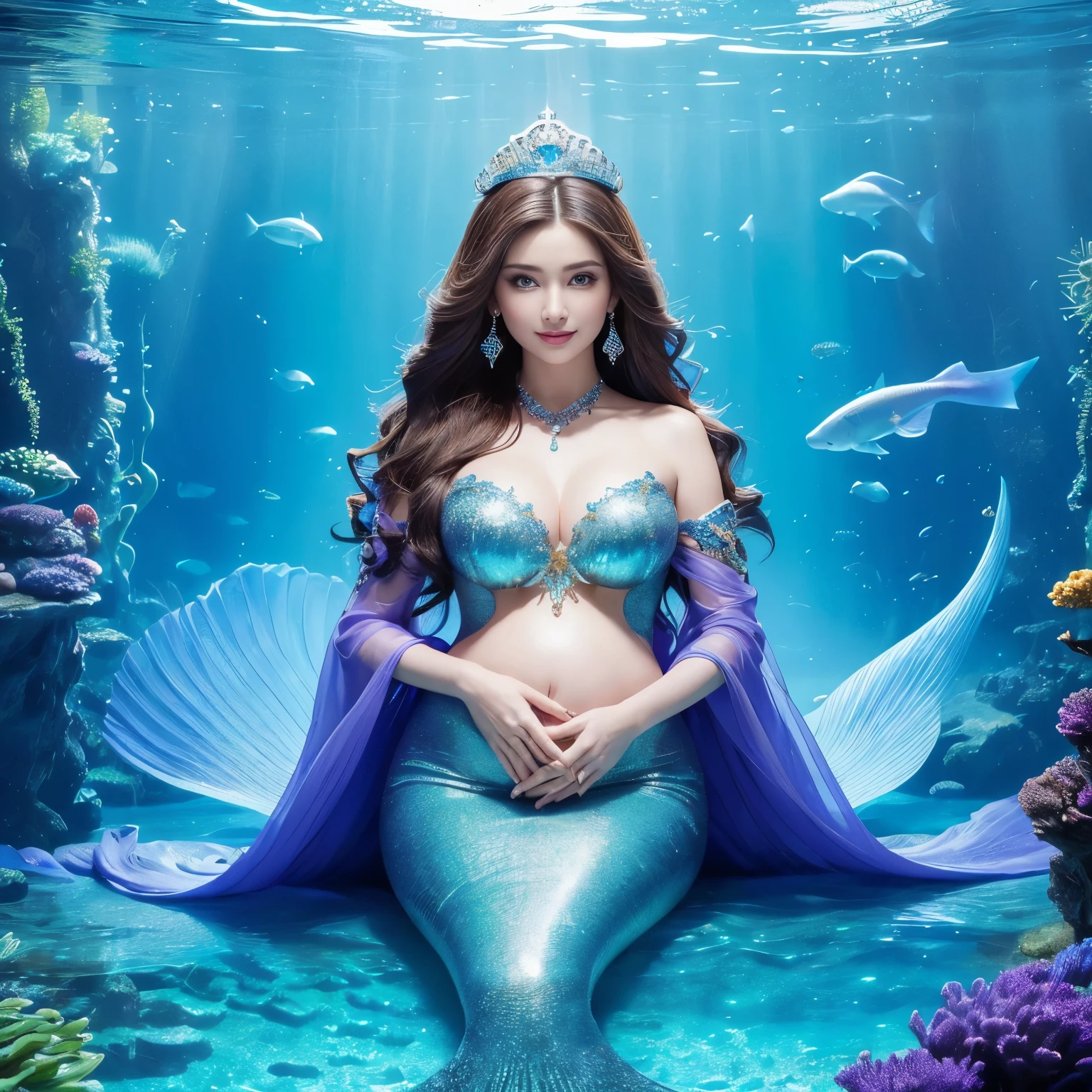 (highest quality、table top、8K、best image quality、hyper realism)、(The most extravagant and extravagant mermaid goddess:1.2)、(The most extravagant and gorgeous mermaid princess:1.1)、(The most realistic and perfect mermaid tail and scales:1.1)、(The most realistic and perfect mermaid tail:1.2)、(The most luxurious and finest transparent sleeve:1.1)、(upper body photo:1.1)、(The wall of the room is a huge high quality aquarium:1.1)、(A huge, highly detailed aquarium of the highest quality:1.3)、(Surrounded by a huge aquarium of the highest quality:1.2)、(The highest quality aquarium with the most fantastic dome-shaped ceiling:1.1)、(Sitting gracefully on the most fantastical and highest throne:1.35)、(Sit on the most fantastical and most glorious throne:1.2)、(Detailed depiction of the most beautiful gigantic aquarium that shines fantastically:1.1)、(Surrounded by the most luxurious and fantastical huge purple and blue aquarium:1.1)、(Huge aquarium with the most detailed depiction of marine life:1.1)、(Sparkling purple and blue、The most magical luxury princess room:1.1), (The most luxurious room shining in the most magical purple and blue colors:1.2)、(the best smile when you look at me:1.15)、(Wavy brown hair:1.1)、Complex, Finely shining scales、(Finest Huge Jewelry Decoration:1.1)、The most gorgeous luxury princess costume、the most luxurious decoration、全身にComplex宝石が施されている、Please describe her face in detail、Giant tiara、Clear and detailed background、(Everything is a fantastic and glittering background:1.1)、(accurate anatomy:1.1)、(The most luxurious and huge finest jewelry decoration:1.1)、(Princess room with the most fantastic and luxurious giant aquarium:1.1)、(slightly pregnant)