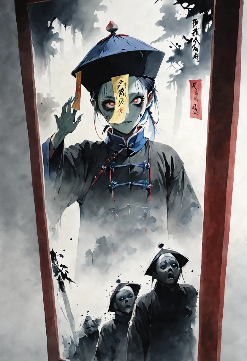 A tall black terrifying Qing Dynasty zombie man wears zombie_hat and huangfu paper on the forehead in the middle of the face , its both hands is up without loincloth and with the black Official uniform of a mandarin from Qing dynasty which jiangshi are usually portrayed wearing,deathly terrifying eyes, symmetric design, chilling gaze, horror theme, symmetrically aligned eyes (stills:1.5), (poster:1.5), (Ink painting and watercolor:1.5),(actual),((masterpiece), (best quality), super high resolution, Excellent details, dramatic lighting, high resolution, 8k, ridiculous,Chinese building, Chinese tower, obsolete , (Chinese_clear_zombie:1.5),The color palette is dark and ominous, Create an atmosphere of fear. The overall composition reflects the ink elements of Asian horror posters and traditional Chinese aesthetics , (Delete Exclude without no Japanese and no Korean styles).