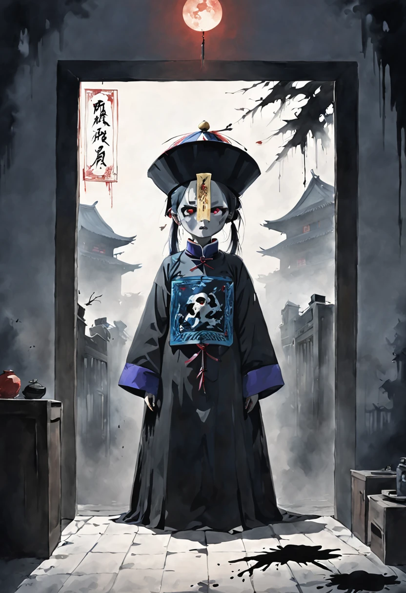 A tall black terrifying Qing Dynasty zombie man wears zombie_hat and huangfu paper on the forehead in the middle of the face , its both hands is up without loincloth and with the black Official uniform of a mandarin from Qing dynasty which jiangshi are usually portrayed wearing,deathly terrifying eyes, symmetric design, chilling gaze, horror theme, symmetrically aligned eyes (stills:1.5), (poster:1.5), (Ink painting and watercolor:1.5),(actual),((masterpiece), (best quality), super high resolution, Excellent details, dramatic lighting, high resolution, 8k, ridiculous,Chinese building, Chinese tower, obsolete , (Chinese_clear_zombie:1.5),The color palette is dark and ominous, Create an atmosphere of fear. The overall composition reflects the ink elements of Asian horror posters and traditional Chinese aesthetics , (Delete Exclude without no Japanese and no Korean styles).