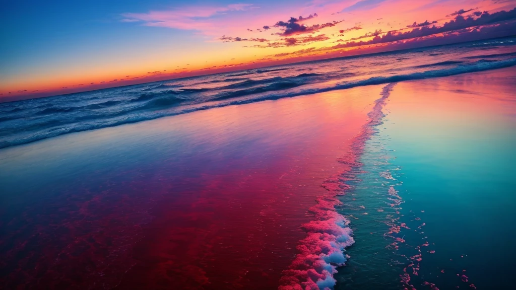 beautiful sunset,The background is the sea,Colorful sky,surreal colors,Colorful sunset,Colorful sky,Amazing skiesの反射,Amazing skies,Fantastic atmosphere 8K,Colorful flowing clouds,Colors reflected in the sea,Surreal sky,Red and blue reflections,Fire reflection,beautiful sky,beautiful and spectacular dusk,Beautiful Dreamy Landscape,Amazing skies