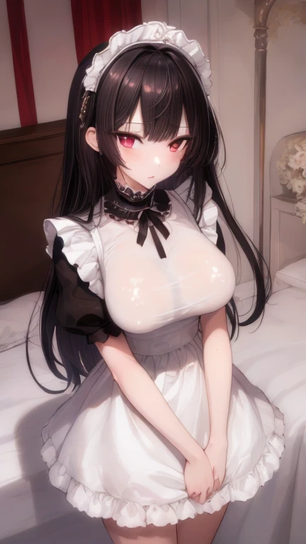 (masterpiece, highest quality), beautiful face，red eyes，red eyes，princess cut，Patsun bangs，on the bed，1 female, alone, maiddress, maid，dress，big breasts，Standing picture，whole body，long，long hair，black hair，Call