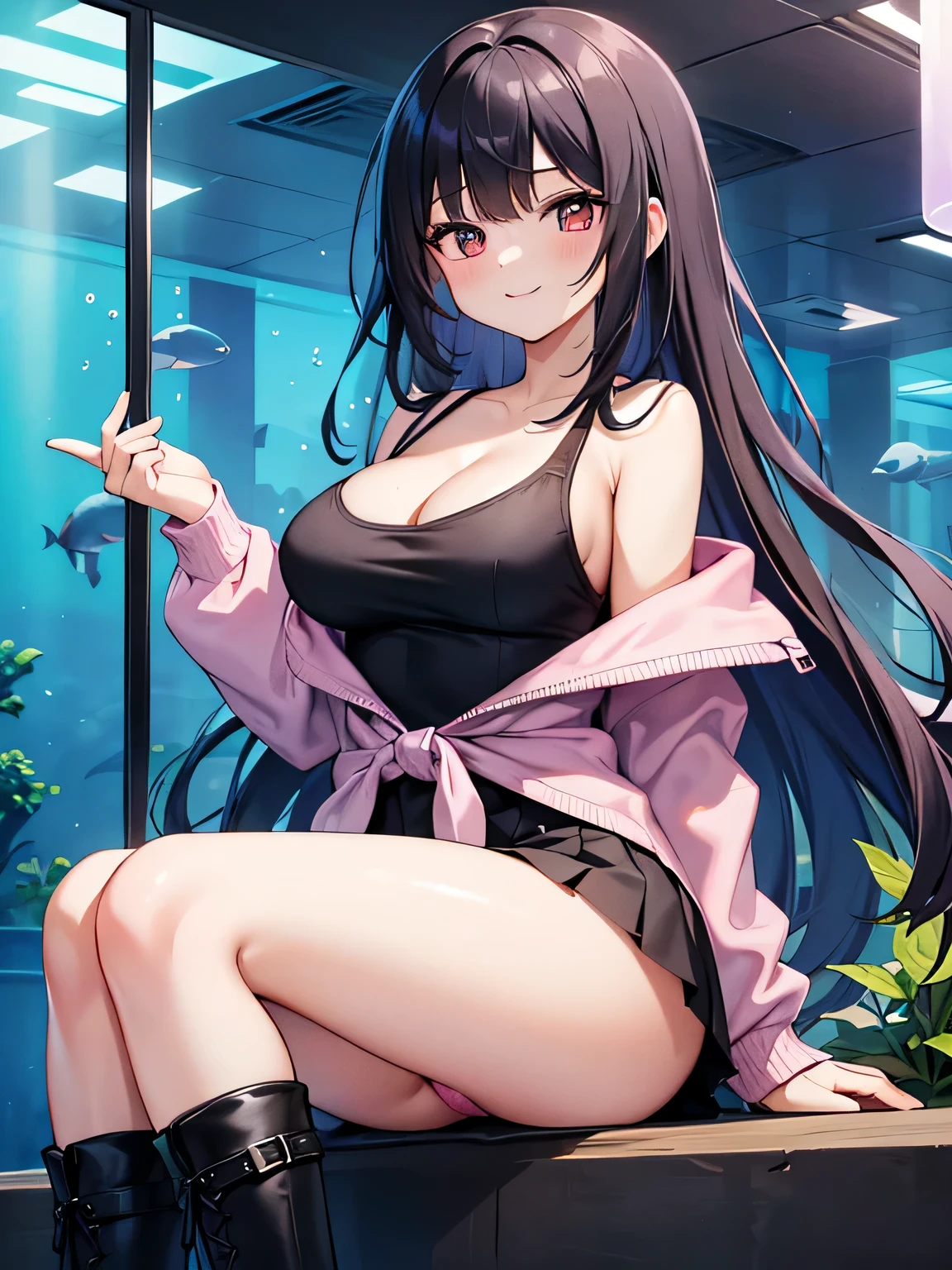 (1) The woman is sitting with her knees together、Pink panties are visible.
(2) that woman has long black hair.
(3) The woman is wearing a white V-neck knit, black miniskirt and long boots.
(4) The woman's expression is a smile.
(5) Cleavage in women is visible.
(6) The place is an aquarium.