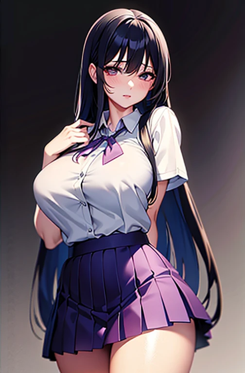 Otsuka, Miyako Ohtsuka, Long Hair, bangs, Hair Accessories, hairclip, Black Hair, (Purple eyes:1.1),
break skirt, Long sleeve, School Uniform, Pleated skirt, Seraph, Sailor collar,
break indoors, classroom,
break looking at viewer, (Cowboy Shot:1.5),
break (masterpiece:1.2), Best Quality, High resolution, Unity 8k wallpaper, (Illustration:0.8), (Beautiful detailed eyes:1.6), Highly detailed face, perfect lighting, Extremely detailed CG, (Perfect hands, Perfect Anatomy),Very large breasts、