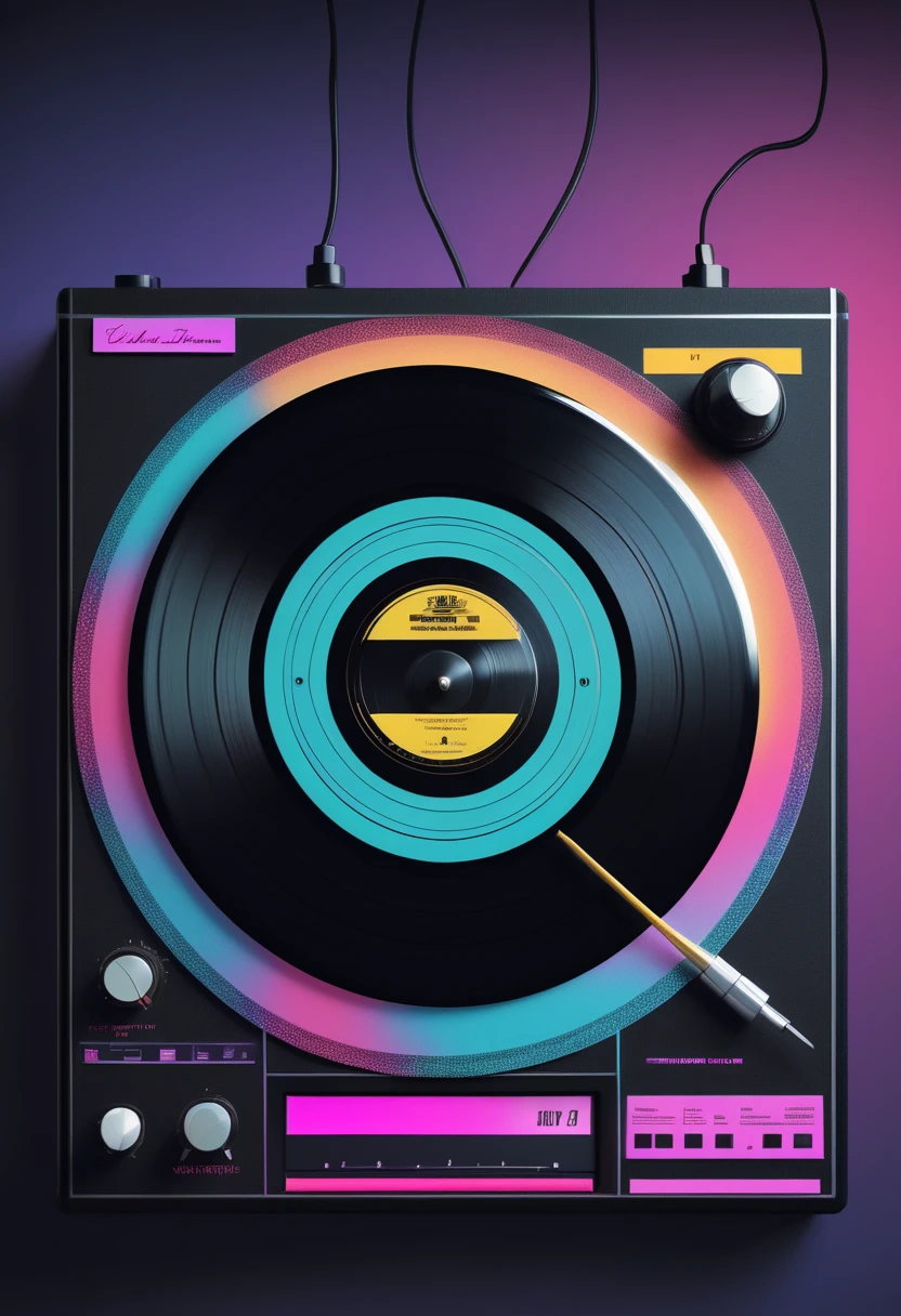 Retrowave, synthwave, a vintage vinyl record, dusty, scratches, old-fashioned, worn-out, grooves, retro design, classic music, spinning round and round, turntable, needle, musical nostalgia, soft crackling sound, black and white album cover, vintage vibes, nostalgic atmosphere, timeless melodies, spinning discs, analog sound, 80s style, music lovers, vinyl collection, laser show, immersive experience, dance floor, vibrant nightlife, disco ball, party atmosphere, pulsating beats, euphoric moments, electric energy, exhilarating ambiance, mesmerizing light effects, immersive audio experience, Vaporwave Aesthetic style and zentangle style, retrowave. synthwave, retro futuristic, video game, vector vaporwave,,blurred, crunch it, make it outstanding, the best emotive silhouette ever, sparkles, musical explosions, flying musical notes, magical, thanks. By Tupu...lol...