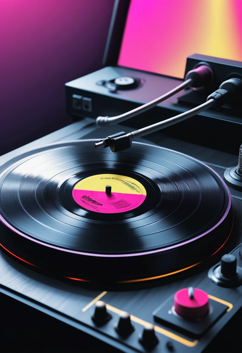 Retrowave, synthwave, a vintage vinyl record, dusty, scratches, old-fashioned, worn-out, grooves, retro design, classic music, spinning round and round, turntable, needle, musical nostalgia, soft crackling sound, black and white album cover, vintage vibes, nostalgic atmosphere, timeless melodies, spinning discs, analog sound, 80s style, music lovers, vinyl collection, laser show, immersive experience, dance floor, vibrant nightlife, disco ball, party atmosphere, pulsating beats, euphoric moments, electric energy, exhilarating ambiance, mesmerizing light effects, immersive audio experience, Vaporwave Aesthetic style and zentangle style, retrowave. synthwave, retro futuristic, video game, vector vaporwave,,blurred, crunch it, make it outstanding, the best emotive silhouette ever, sparkles, musical explosions, flying musical notes, magical, thanks. By Tupu...lol...