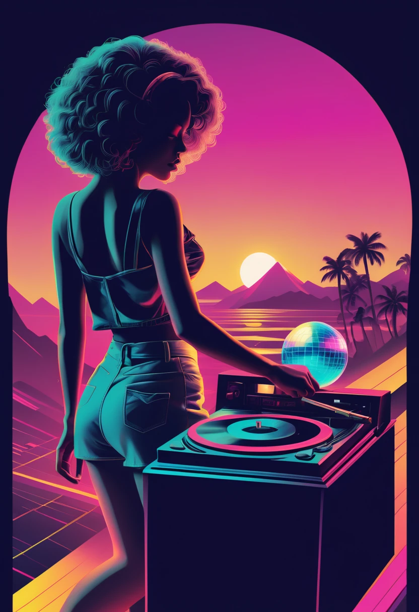 Retrowave, synthwave, a vintage vinyl record, dusty, scratches, old-fashioned, worn-out, grooves, retro design, classic music, spinning round and round, turntable, needle, musical nostalgia, soft crackling sound, black and white album cover, vintage vibes, nostalgic atmosphere, timeless melodies, spinning discs, analog sound, 80s style, music lovers, vinyl collection, laser show, immersive experience, dance floor, vibrant nightlife, disco ball, party atmosphere, pulsating beats, euphoric moments, electric energy, exhilarating ambiance, mesmerizing light effects, immersive audio experience, Vaporwave Aesthetic style and zentangle style, retrowave. synthwave, retro futuristic, video game, vector vaporwave,,blurred, crunch it, make it outstanding, the best emotive silhouette ever, sparkles, musical explosions, flying musical notes, magical, thanks. By Tupu...lol...