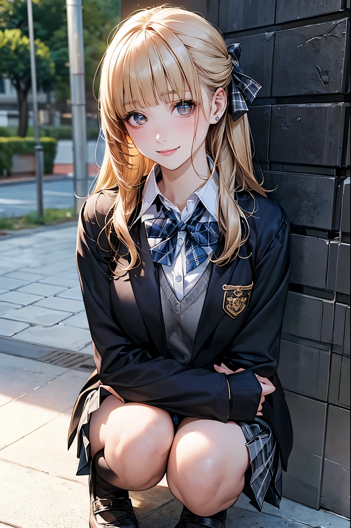 (masterpiece:1.2, top-quality), (realistic, photorealistic:1.4), beautiful illustration, (natural side lighting, movie lighting), nsfw, 
looking at viewer, cowboy shot, front view:0.6, 1 girl, japanese, high school girl, perfect face, cute and symmetrical face, shiny skin, 
(long hair:1.2, half updo:1.4, blond hair), blunt bangs, gold eyes, drooping eyes, long eye lasher, (large breasts:0.6), 
beautiful hair, beautiful face, beautiful detailed eyes, beautiful clavicle, beautiful body, beautiful chest, beautiful thigh, beautiful legs, beautiful fingers, 
(((black jacket), white collared shirts, light grey knitted vest, grey pleated skirt, black socks, blue plaid bow tie)), 
(beautiful scenery), morning, flower garden, squatting, (lovely smile, upper eyes), 