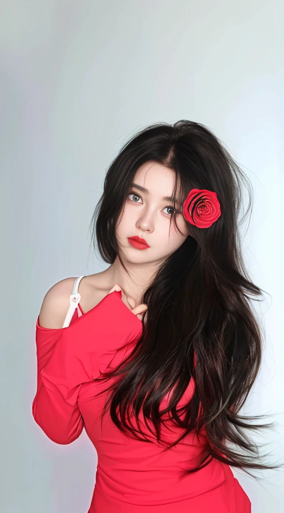 black hair, hair flower, heart-shaped pupils, shy, UHD, textured skin, high details, best quality, 4K, highres