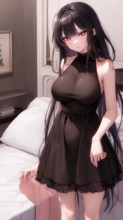 (masterpiece, highest quality), beautiful face，red eyes，red eyes，princess cut，Patsun bangs，on the bed，1 female, alone, ミニdress,，dress，big breasts，Standing picture，whole body，long，long hair，black hair，Call