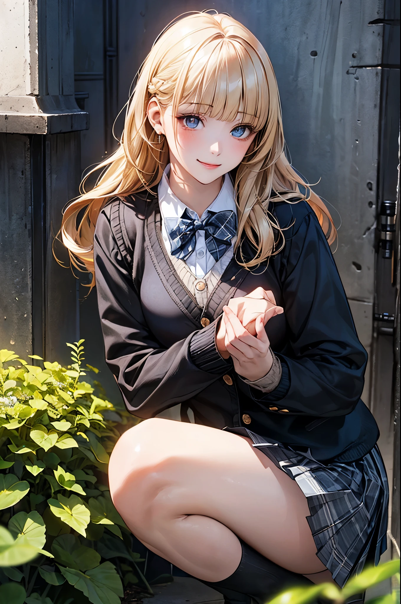 (masterpiece:1.2, top-quality), (realistic, photorealistic:1.4), beautiful illustration, (natural side lighting, movie lighting), nsfw,
looking at viewer, cowboy shot, front view:0.6, 1 girl, japanese, high school girl, perfect face, cute and symmetrical face, shiny skin,
(long hair:1.2, half updo:1.4, blond hair), blunt bangs, gold eyes, drooping eyes, long eye lasher, (large breasts:0.6),
beautiful hair, beautiful face, beautiful detailed eyes, beautiful clavicle, beautiful body, beautiful chest, beautiful thigh, beautiful legs, beautiful fingers,
(((black jacket), white collared shirts, light grey knitted vest, grey pleated skirt, black socks, blue plaid bow tie)),
(beautiful scenery), morning, flower garden, squatting, (lovely smile, upper eyes),