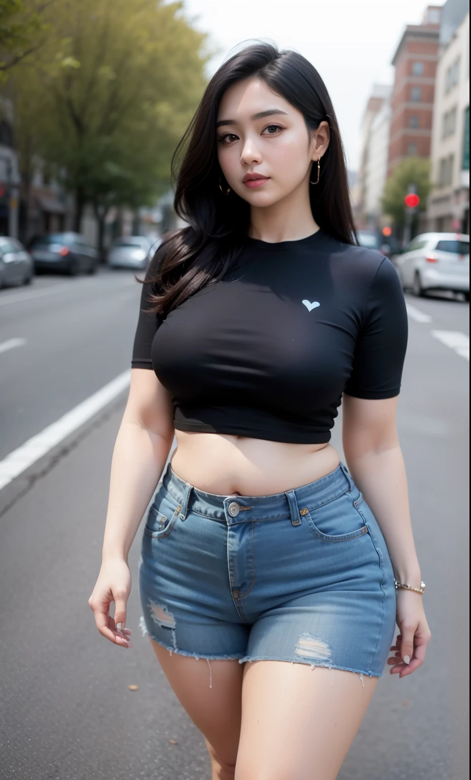 ((best quality)), ((masterpiece)), (detailed), perfect face, araffe woman in a dark-blue shirt and blue denim skirt walking down a street, thicc, she has a jiggly fat round belly, bbwchan, wearing tight simple clothes, skinny waist and thick hips, widest hips, her belly is fat and round, soft curvy shape, hyperrealistic full figure, wearing a cute top, wide hips