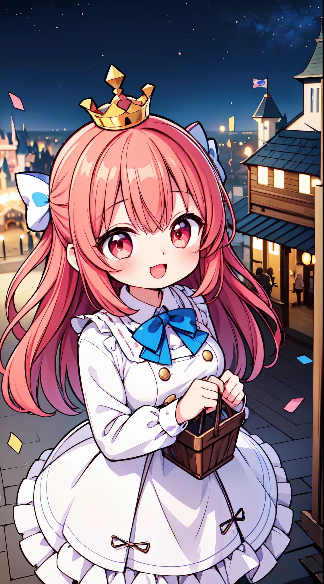 (super fine illustration:1.2),(masterpiece, 8k), (best quality, high quality:1.4), perfect anatomy, hyper detailed, ultra detailed,masterpiece background,beautiful detailed background, v8k wallpaper,perfect design,award-winning art,atmospheric,
BREAK, 1 beautiful girl, (Beauty:1.5),(Chibi:0.5),(kawaii:2.0),(Cool:2.0),( girl),(Solo:1.65),BREAK, (huge-breasted:1.35), Clear skin, Beautiful skin, Shy, 1 beautiful woman,Demons,Colossal tits(Hair Bow, Red hair, Long hair, flipped hair, hair messy,Wings of an angel on the back, Demon King's horn on the head:1.2), (Red Eyes, long eyelashes, Double eyelids: 1.2), Shiny skin,de pele branca,dial,(best quality face),(Top quality glowing eyes),(Doya face,brave face:1.45),(The best smile,:D:1.45), BREAK,
wearing wearing a pink and white lace dress and holding a basket of flowers,
BREAK (Disneyland white Cinderella castle behind:1.3),(town street:1.3),(stall, cart:1.25), (Disneyland Parade background:1.3),detailed confetti in the air,festival,(glitter:1.2), (light sparkles:1.2),night scene, (night sky:1.1),fine weather,(Crowded, bustling with people in the distance :1.15),fireworks,
BREAK,wakame,wakame,wakame,(from above,cowboy shot:1.5) , nose blush, heavy breathing, steam, ((:o):1.2),walking,
BREAK, ,(Blurry background:1.3),(absurderes, hight resolution, Super Detail Art),cel shading,Clear Color, Lonely optical effect, Beautiful pictures, Bright glow, mystic atmosphere,(Close-up of girl:0.8), Mystical light particle effect,manga influence, clean line drawings,