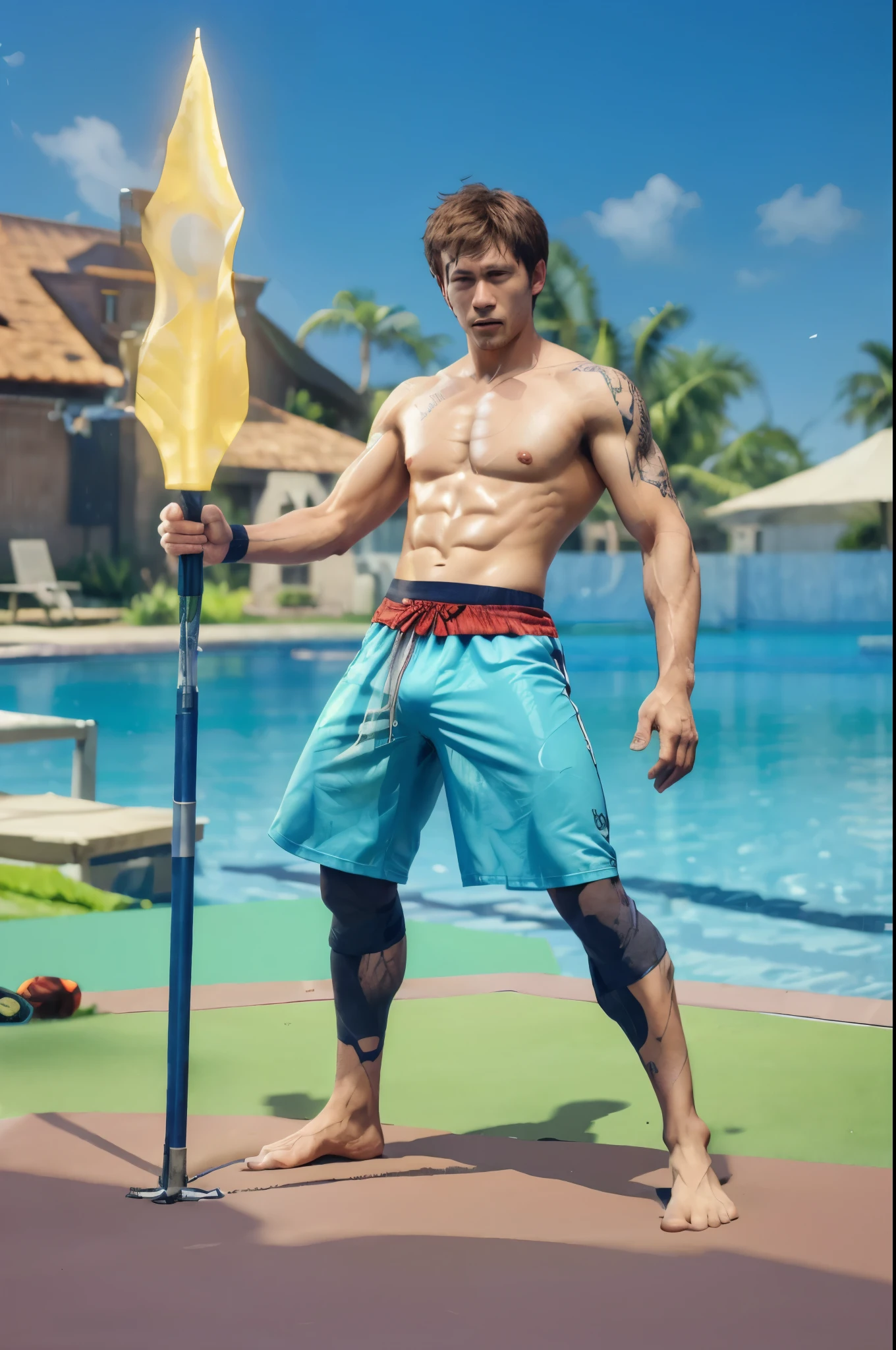 shoichi, uploaded on e621, by Pixelsketcher, by Bayard Wu, by Thomas Benjamin Kennington , by Einshelm, solo, full body, volleyball uniform, volleyball, volleyball court, green eyes