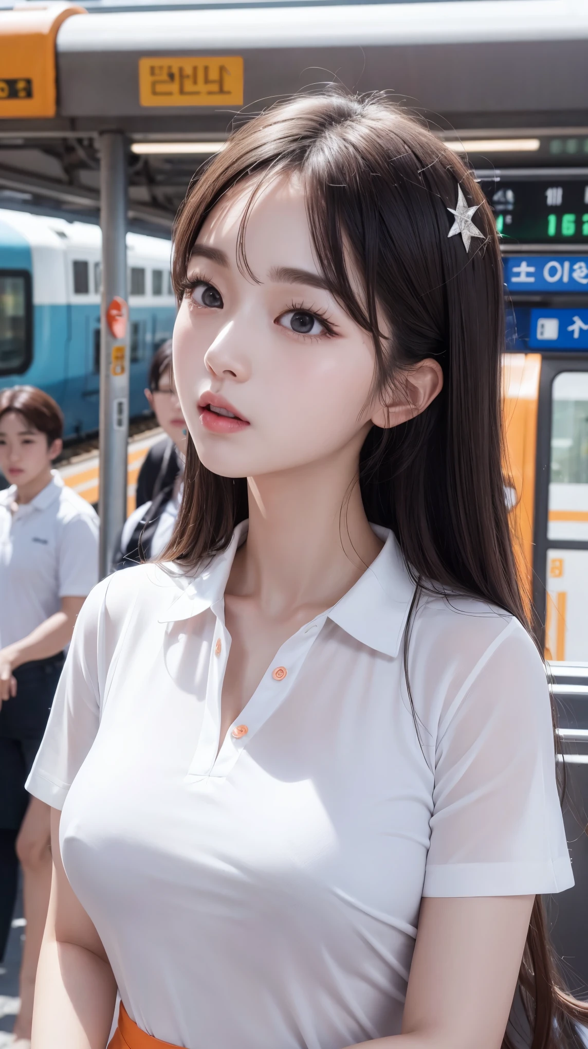 realistic photos of (1 cute Korean star) flipped hair, thin makeup, big breasts size, orange polo shirt, at the train station, clear facial features of Canon EOS, 16k, high resolution, sharp and realistic details,  overexposure, cut-in, UHD, highres, best quality, sexy transparent white wedding dress 