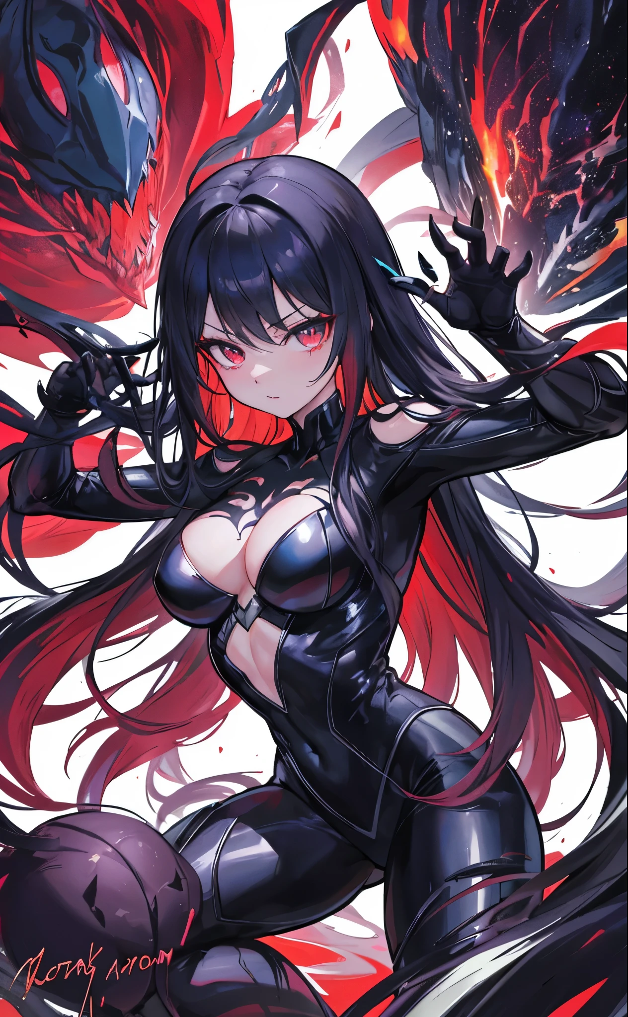 Marvel version of Venom becoming a girl，Super invincible beautiful girl，Dark style，Lolita，Amazing，creatures from outer space，（poison:1.8），Black enhanced tentacles，fighting stance，battle scene，The eyes are fierce，Have detailed faces，Slightly vicissitudes，Award-winning照片，Bokeh，Surrealism，light，shadow，high detail，high quality，Award-winning，