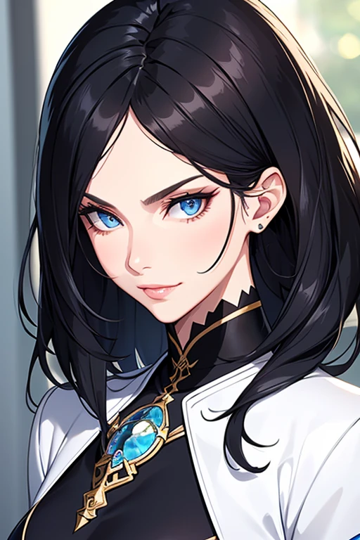 (masterpiece, best quality), intricate details, thin, ((slim)), beautiful girl, Black hair, white skin, blue eyes, sharp jawline, cropped jacket, messy hair, plump lips, upper body, close up, smirk