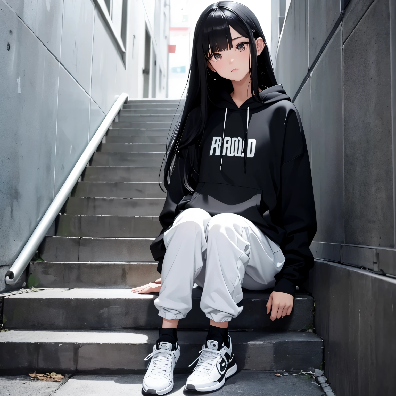 A beautiful and cute girl, Long black hair, black and white hoodie, trousers, sneakers, decent, tall, attitude, sit, stairs