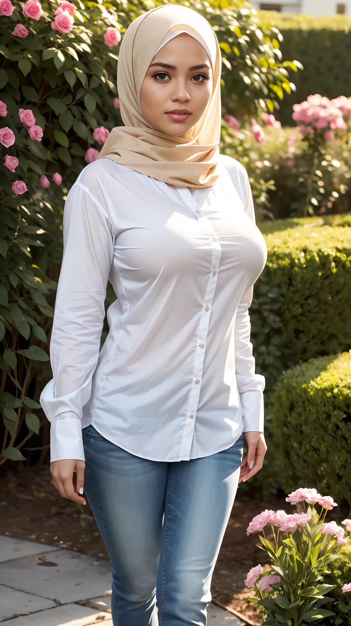 RAW, (Best quality, high resolution, work: 1.3), Beautiful Malay woman in hijab, fit body, Big breasts, Beautiful big eyes, Soft smile, beautiful face, slightly open mouth, thick thighs, beautiful girl, beautiful breasts, detail face, woman wearing a long and slightly tight white shirt, brown jeans, walking along the flower garden, white hijab, white and red clothes, brown jeans, beautiful white shirt, wearing an elegant shirt, long tight white shirt, beautiful woman white shirt long, beautiful woman. perfect lighting