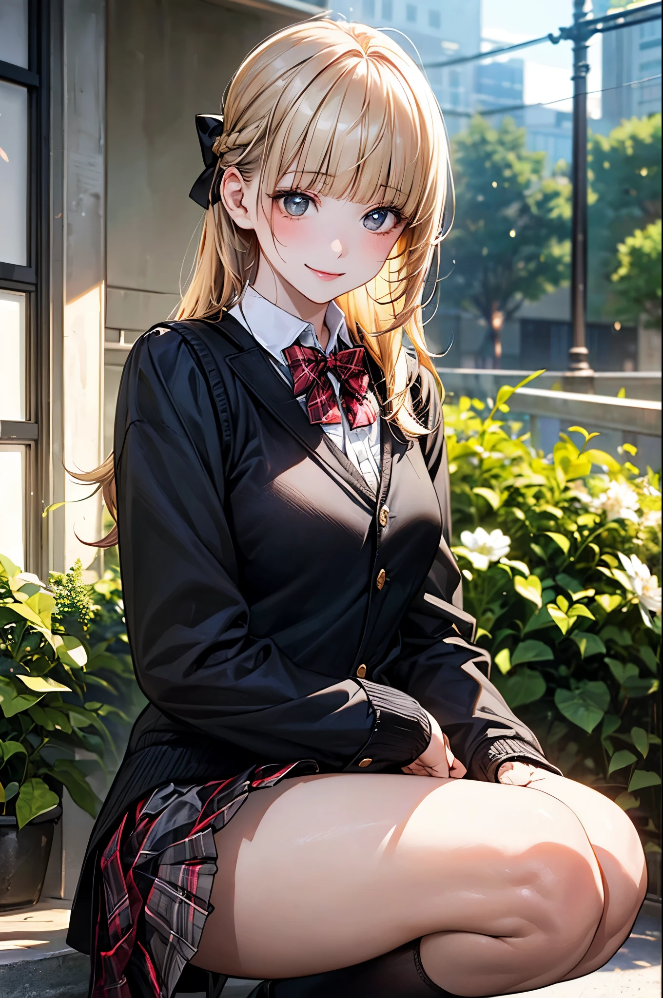 (masterpiece:1.2, top-quality), (realistic, photorealistic:1.4), beautiful illustration, (natural side lighting, movie lighting), nsfw,
looking at viewer, cowboy shot, front view:0.6, 1 girl, japanese, high school girl, perfect face, cute and symmetrical face, shiny skin,
(long hair:1.2, half updo:1.4, blond hair), blunt bangs, gold eyes, drooping eyes, long eye lasher, (large breasts:0.6),
beautiful hair, beautiful face, beautiful detailed eyes, beautiful clavicle, beautiful body, beautiful chest, beautiful thigh, beautiful legs, beautiful fingers,
(((black jacket), white collared shirts, light grey knitted vest, grey pleated skirt, black socks, red plaid bow tie)),
(beautiful scenery), morning, flower garden, squatting, (lovely smile, upper eyes),