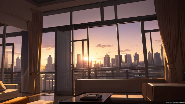 Inside an apartment at dusk, buildings in the background seen through a window, dramatic light, discreet, photorealistic, (apartment afternoon) cinematic lighting, volumetric lighting, dark atmosphere, Background with sunset background
