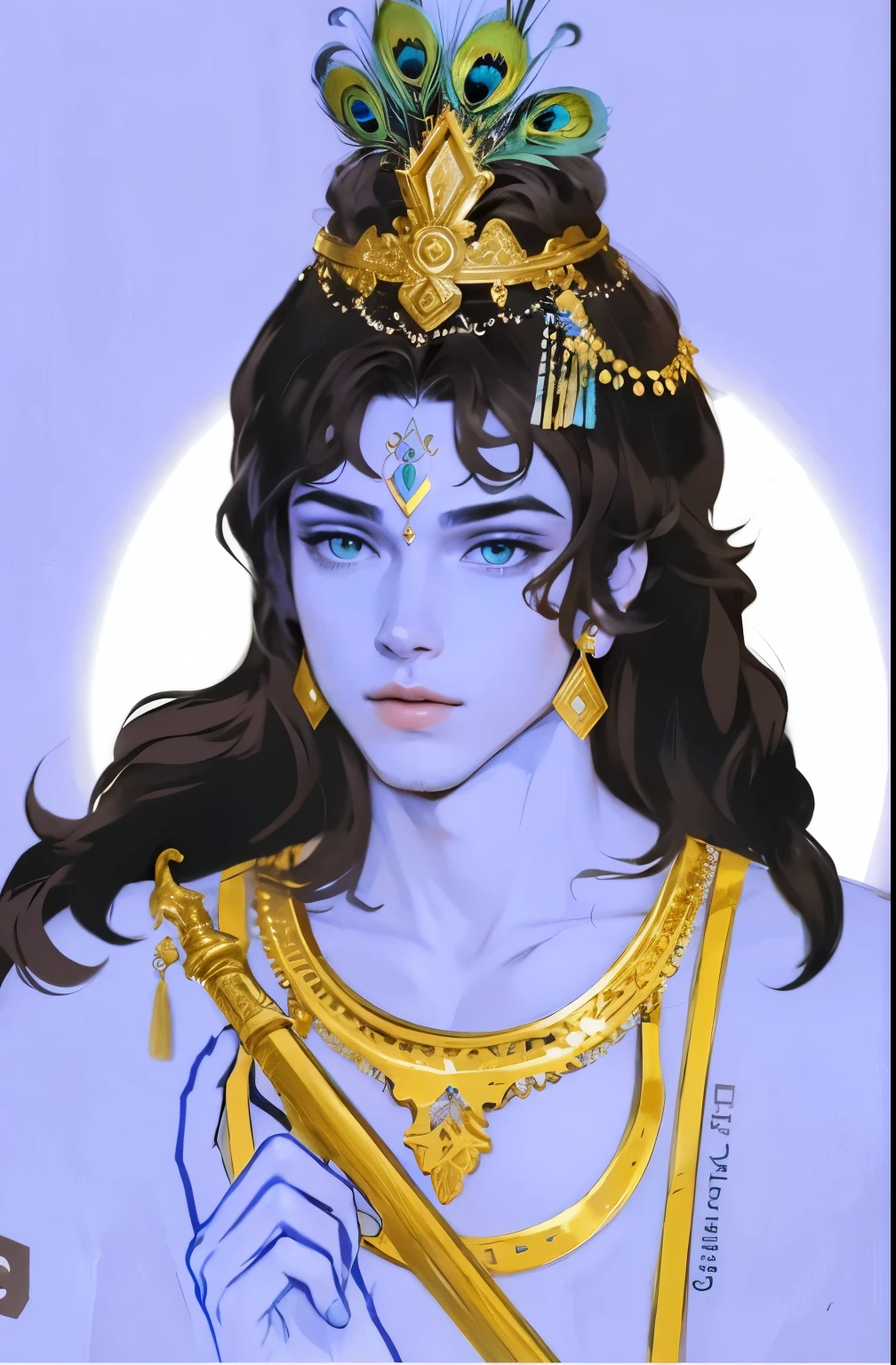 Sky blue colored boy with pretty face holding a flute,peacock feather on head
