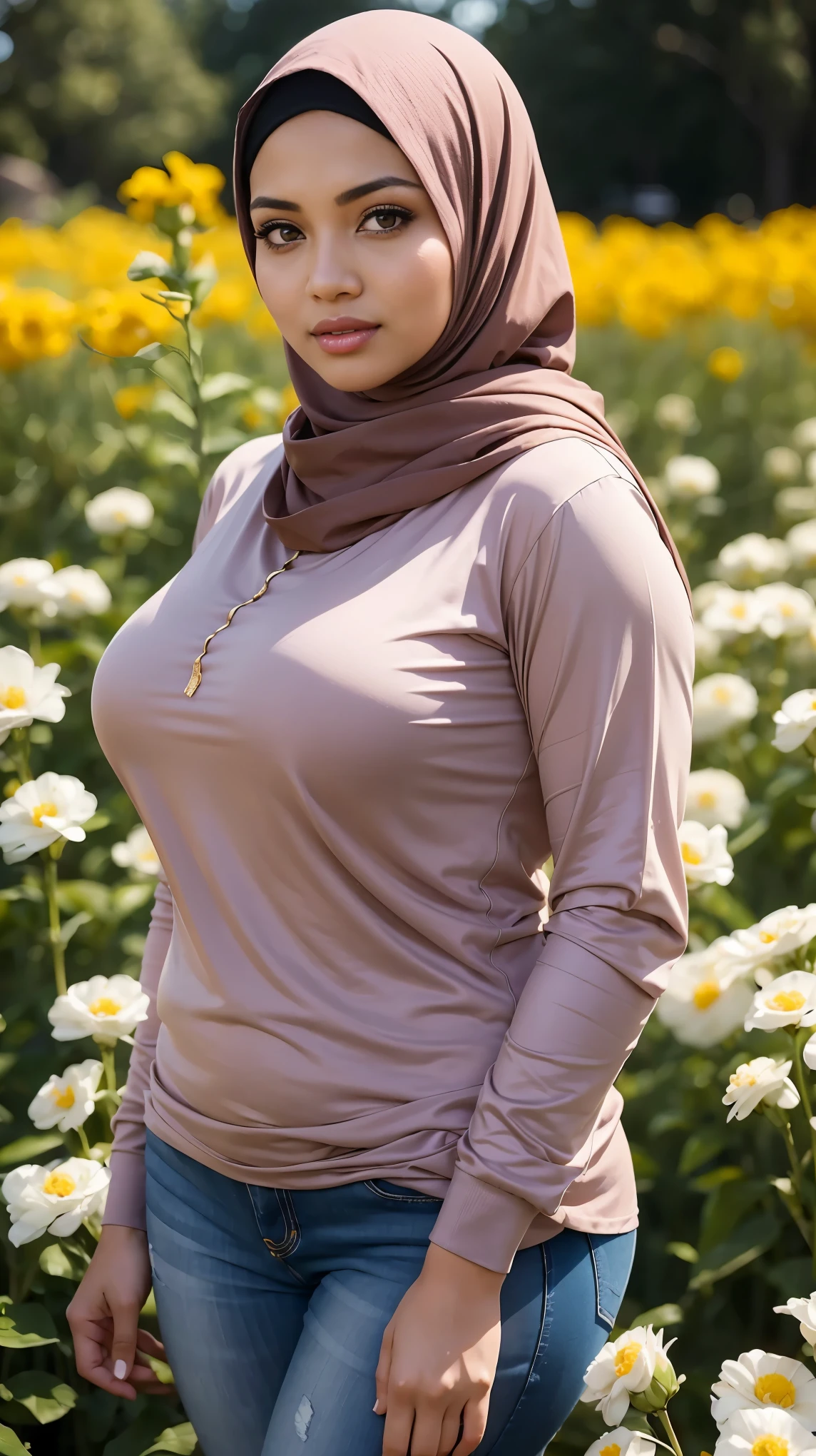 RAW, (Best quality, high resolution, work: 1.3), Beautiful Malay woman in hijab, fit body, Big breasts, Beautiful big eyes, Soft smile, beautiful face, slightly open mouth, thick thighs, beautiful girl, beautiful breasts, detail face, woman wearing a long and slightly tight yellow Blouse, brown jeans, walking along the flower garden, beautiful woman. perfect lighting