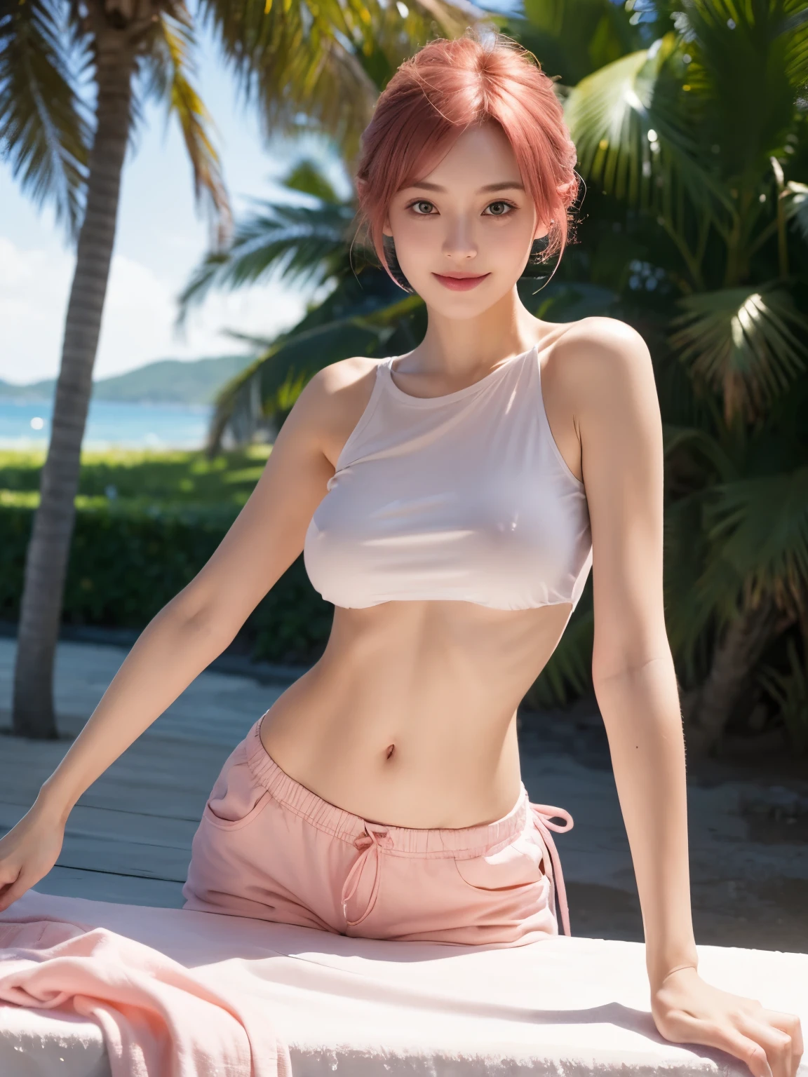 (original photo, high resolution, best quality, on the table), 1 girl in, (Exquisite and beautiful eyes and exquisite face, slender figure, thin waist, Beautiful belly), , big breasts, (((t-shirt))), (shorts), charming, Pink shiny lips, ((Orange and pink sweep shorthair cat)), perfect style, Extremely detailed CG Unity 8K wallpaper, Surrealism, super detailed,clothes off,big breasts,nude,very feminine,Reduce laundry,Less clothes,very feminine,Naked of breast,Smile,Naked of breast,Naked of breast,beach,clothes off,Wear as little clothing as possible,raised buttocks,girl,sunshine on face,