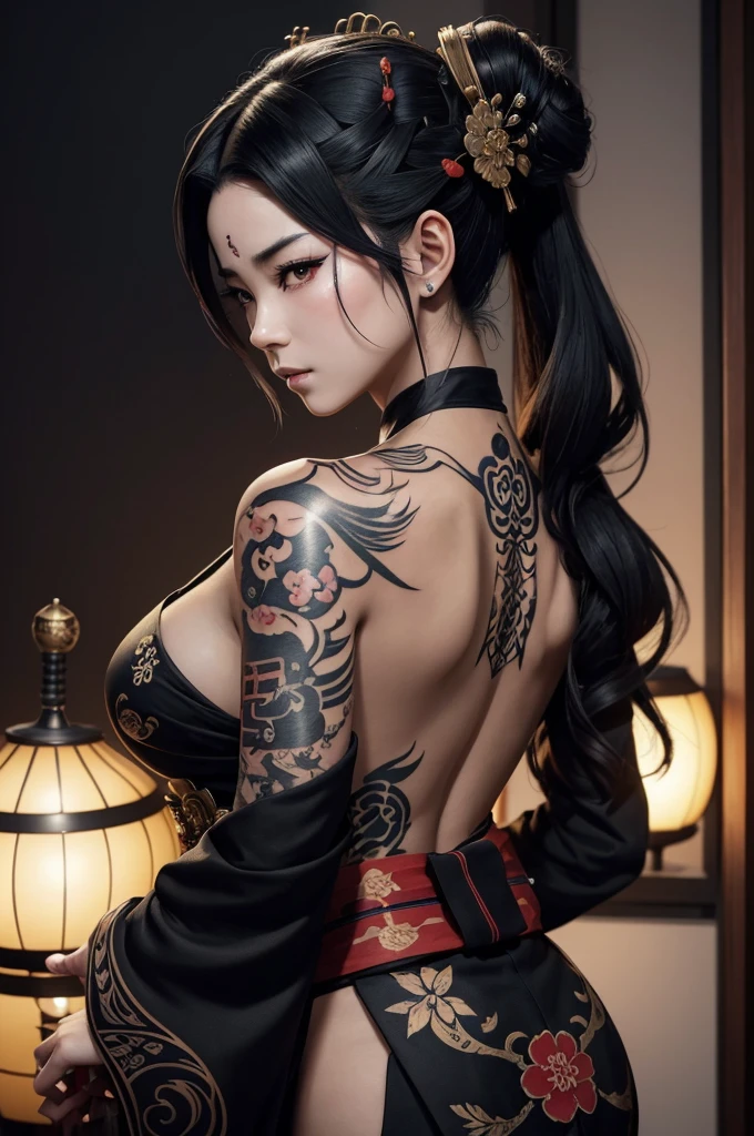 ((21-year-old))) black girl, (((very dark african skin))), (((close up pov full body portrait, sitting spreading her legs open, sexy seductive slutty pose, ((accentuated super huge enormously gigantic nude tits, cleavage showing, wearing highly detailed and beautiful kimono))), (((very long wavy curly multicolored hair in a ponytail))), (((tattoo sleeves and piercings))), lots of african tribal tattoo sleeves, dark fantasy art, post apocalyptic art, Rich, Deep Colours, (intricate details:0.9), (HDR, hyper-detailing:1.2), (natural dark african skin textures, hyper realisitc, anime realistic, light, Sharp), luxurious Japanese bedroom background