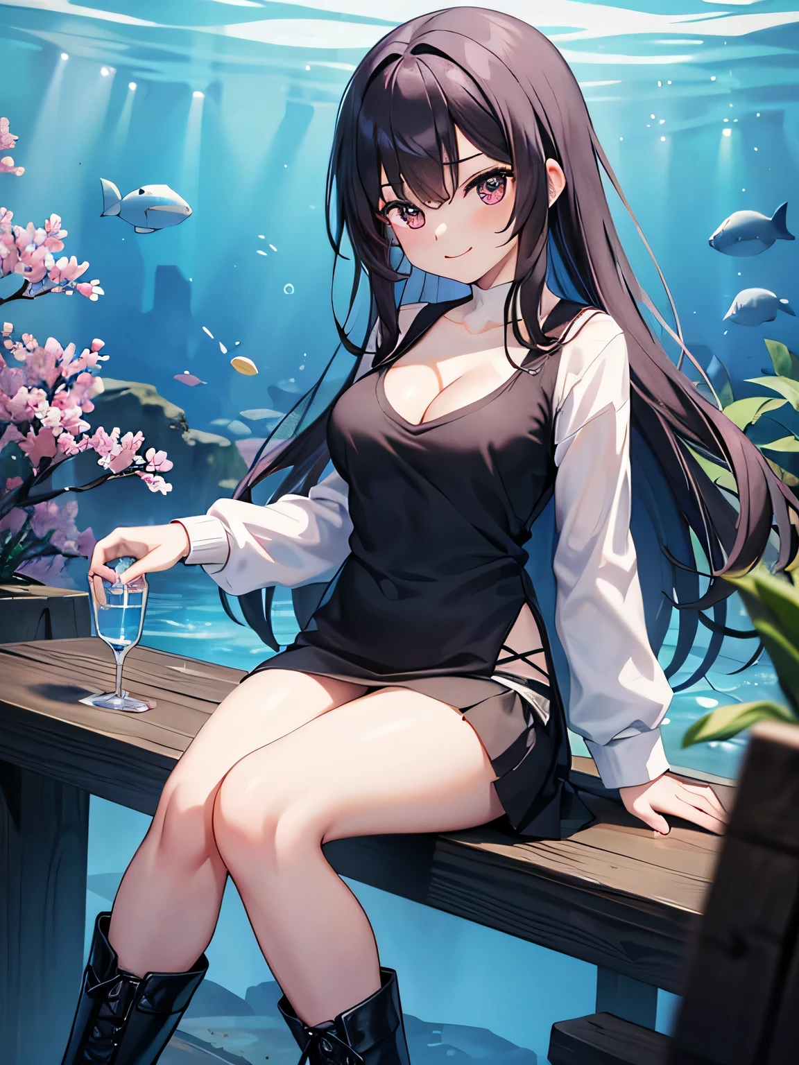 (1) The woman is sitting with her knees together、Pink panties are visible.
(2) that woman has long black hair.
(3) The woman is wearing a white V-neck knit, black miniskirt and long boots.
(4) The woman's expression is a smile.
(5) Cleavage in women is visible.
(6) The place is an aquarium.