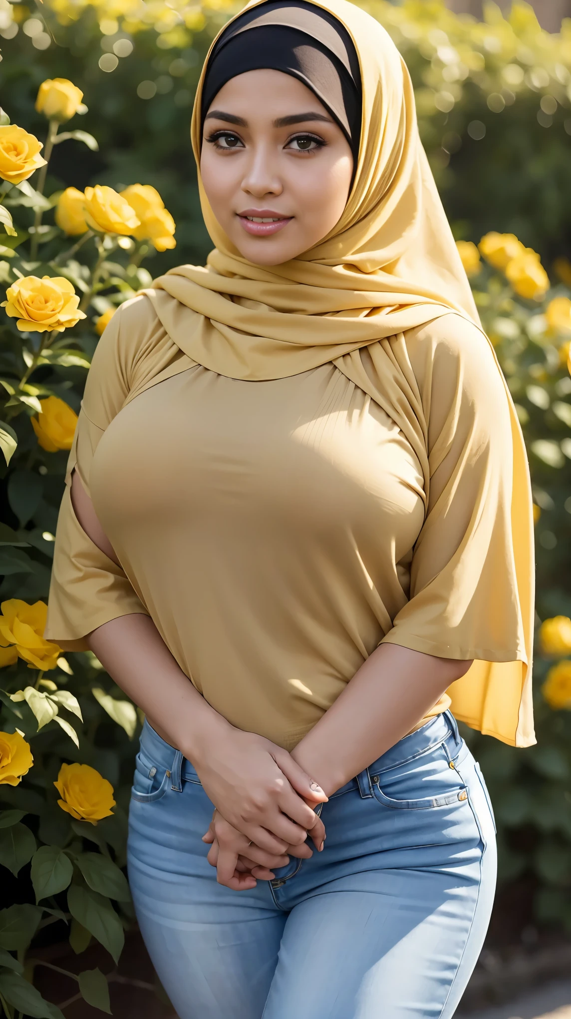 Lexi Luna, Muslim, elegant yellow hijab, expressive eyes, focus on eyes, neckline, sunny day, neckline, above view, in park, sexy pose, pale skin, tight clothes, 
