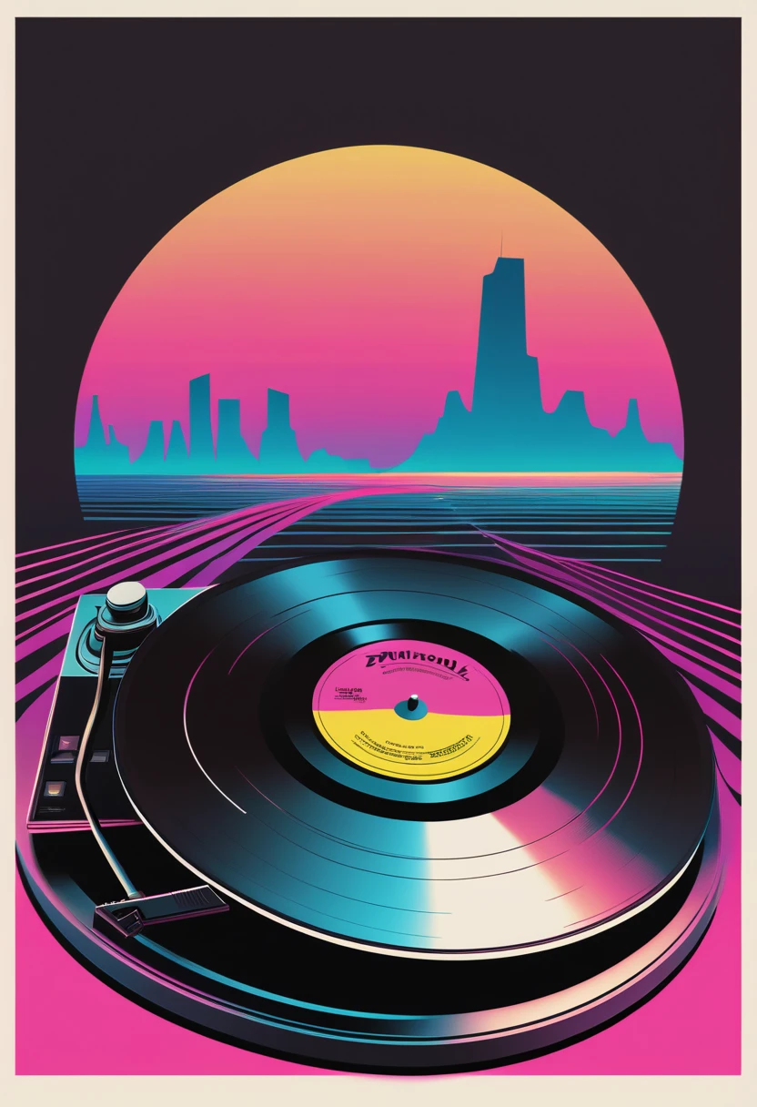 Retrowave, synthwave, a vintage vinyl record, dusty, scratches, old-fashioned, worn-out, grooves, retro design, classic music, spinning round and round, turntable, needle, musical nostalgia, soft crackling sound, black and white album cover, vintage vibes, nostalgic atmosphere, timeless melodies, spinning discs, analog sound, 80s style, music lovers, vinyl collection, laser show, immersive experience, dance floor, vibrant nightlife, disco ball, party atmosphere, pulsating beats, euphoric moments, electric energy, exhilarating ambiance, mesmerizing light effects, immersive audio experience, Vaporwave Aesthetic style and zentangle style, retrowave. synthwave, retro futuristic, video game, vector vaporwave,,blurred, crunch it, make it outstanding, the best emotive silhouette ever, sparkles, musical explosions, flying musical notes, magical, thanks. By Tupu...lol...