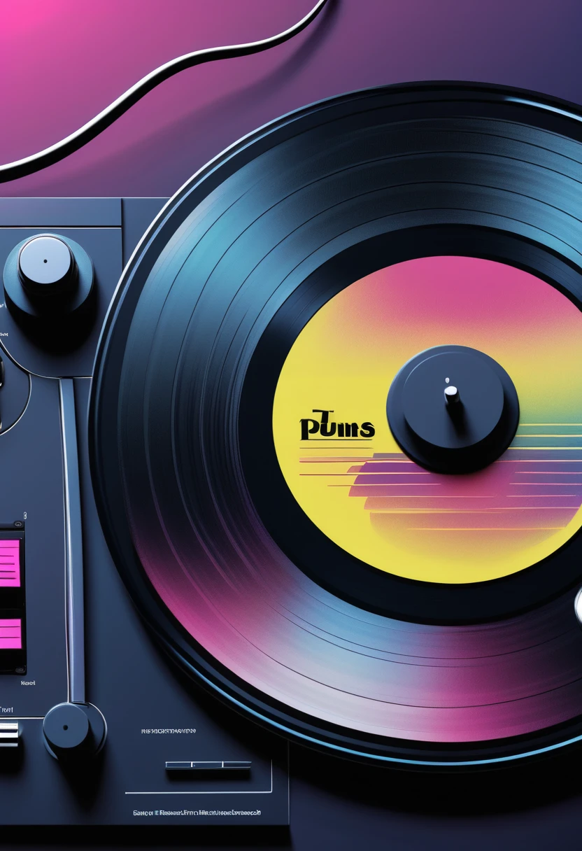 Retrowave, synthwave, a vintage vinyl record, dusty, scratches, old-fashioned, worn-out, grooves, retro design, classic music, spinning round and round, turntable, needle, musical nostalgia, soft crackling sound, black and white album cover, vintage vibes, nostalgic atmosphere, timeless melodies, spinning discs, analog sound, 80s style, music lovers, vinyl collection, laser show, immersive experience, dance floor, vibrant nightlife, disco ball, party atmosphere, pulsating beats, euphoric moments, electric energy, exhilarating ambiance, mesmerizing light effects, immersive audio experience, Vaporwave Aesthetic style and zentangle style, retrowave. synthwave, retro futuristic, video game, vector vaporwave,,blurred, crunch it, make it outstanding, the best emotive silhouette ever, sparkles, musical explosions, flying musical notes, magical, thanks. By Tupu...lol...