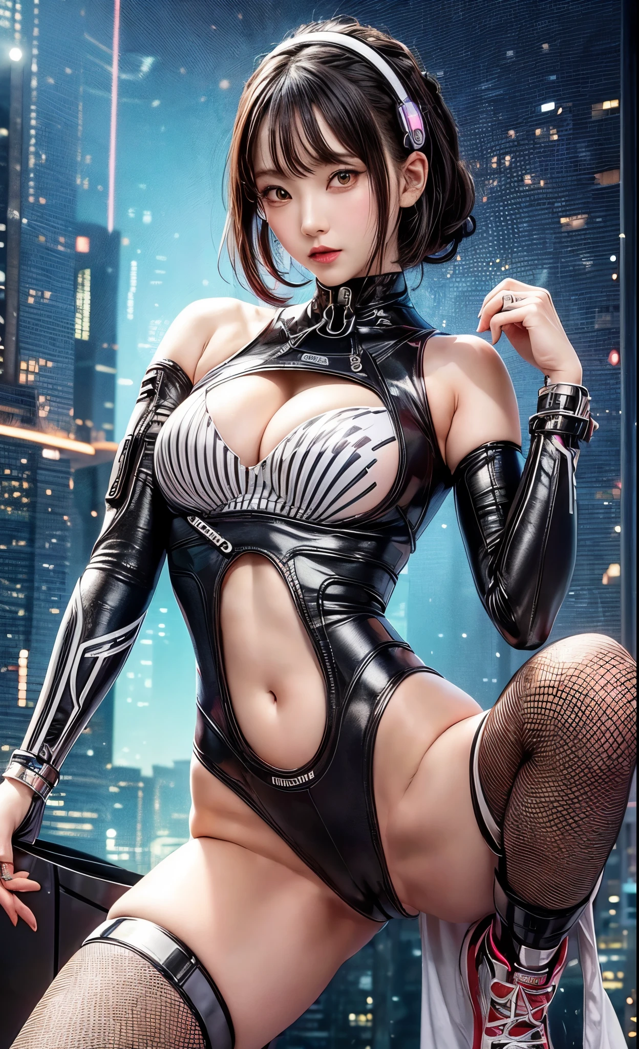 delicate face, 20 year old JjPOP idol {cyborg} girl, (carbon fiber cyborg body), carbon fiber body, {{angled bob}}, (big breasts:1.15), (mechanical joint), bangs, attractive curves, central pelvis, seaside, standing posture, beach, glowing skin, ((Puffia leolas)), (High leg, spread your legs, camel toe, camel toe, vulva shaped:1.25), (cyber punk, Science fiction:1.2), [[[shining neon]]], (Upper body:1.15), (8K, RAW photo, highest quality, masterpiece: 1.45), (NSFW:1.15)、(camel toe, camel toe, vulva shaped:1.25)